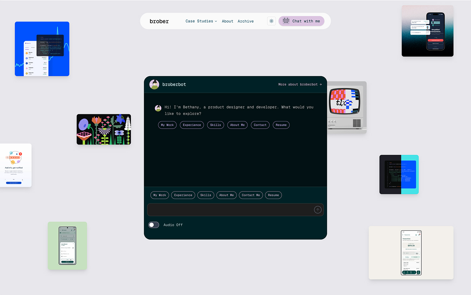 Dark-themed chat interface with "broberbot"; images and widgets scattered around.