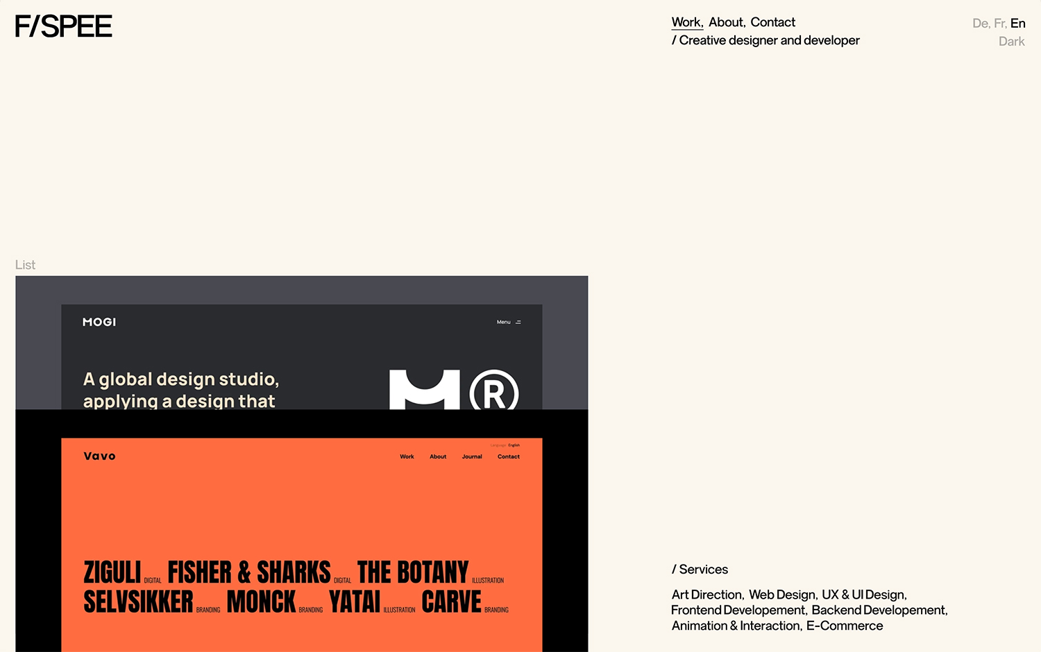 Minimalist website showcasing design services and projects in a layered layout.