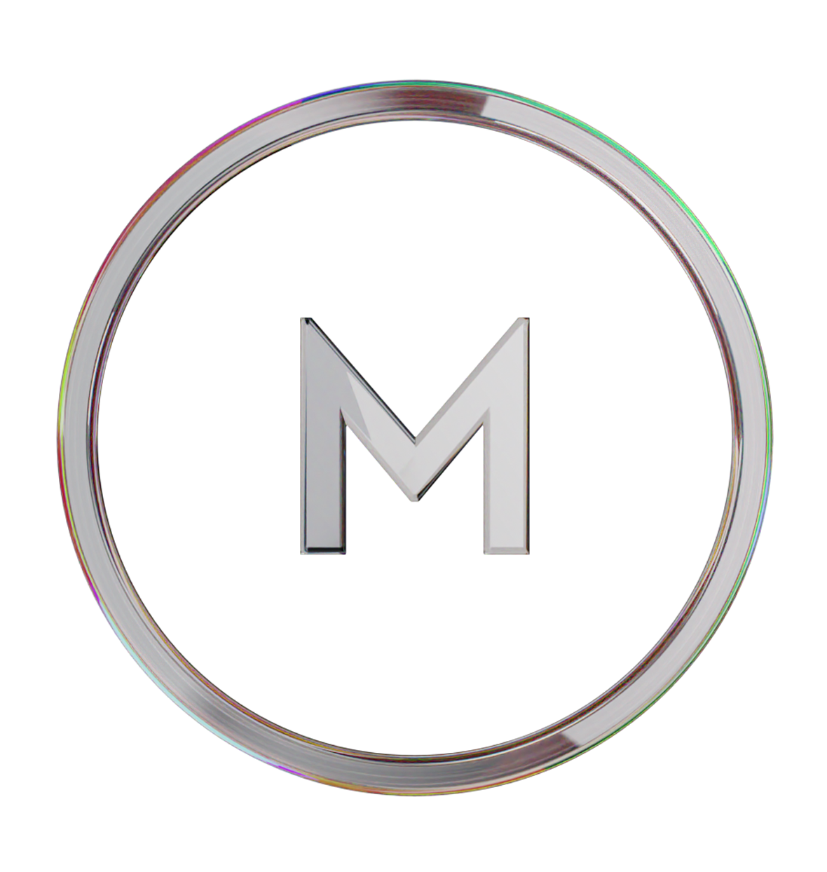 A chrome letter "M" inside a circle with a multicolored striped background.