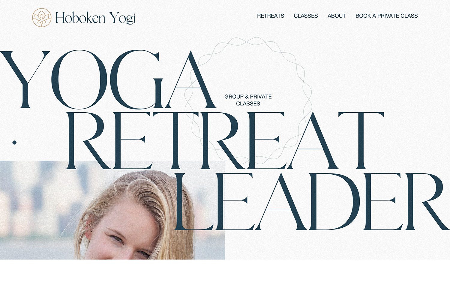 Yoga retreat leader webpage with large text and serene background.