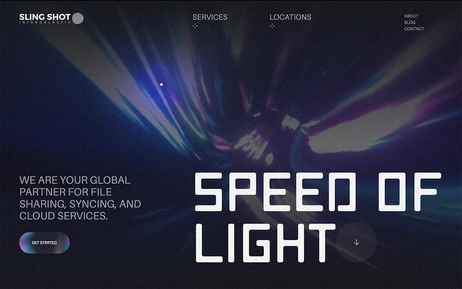 Website with dynamic light beams, "Speed of Light" text, and cloud services offer.