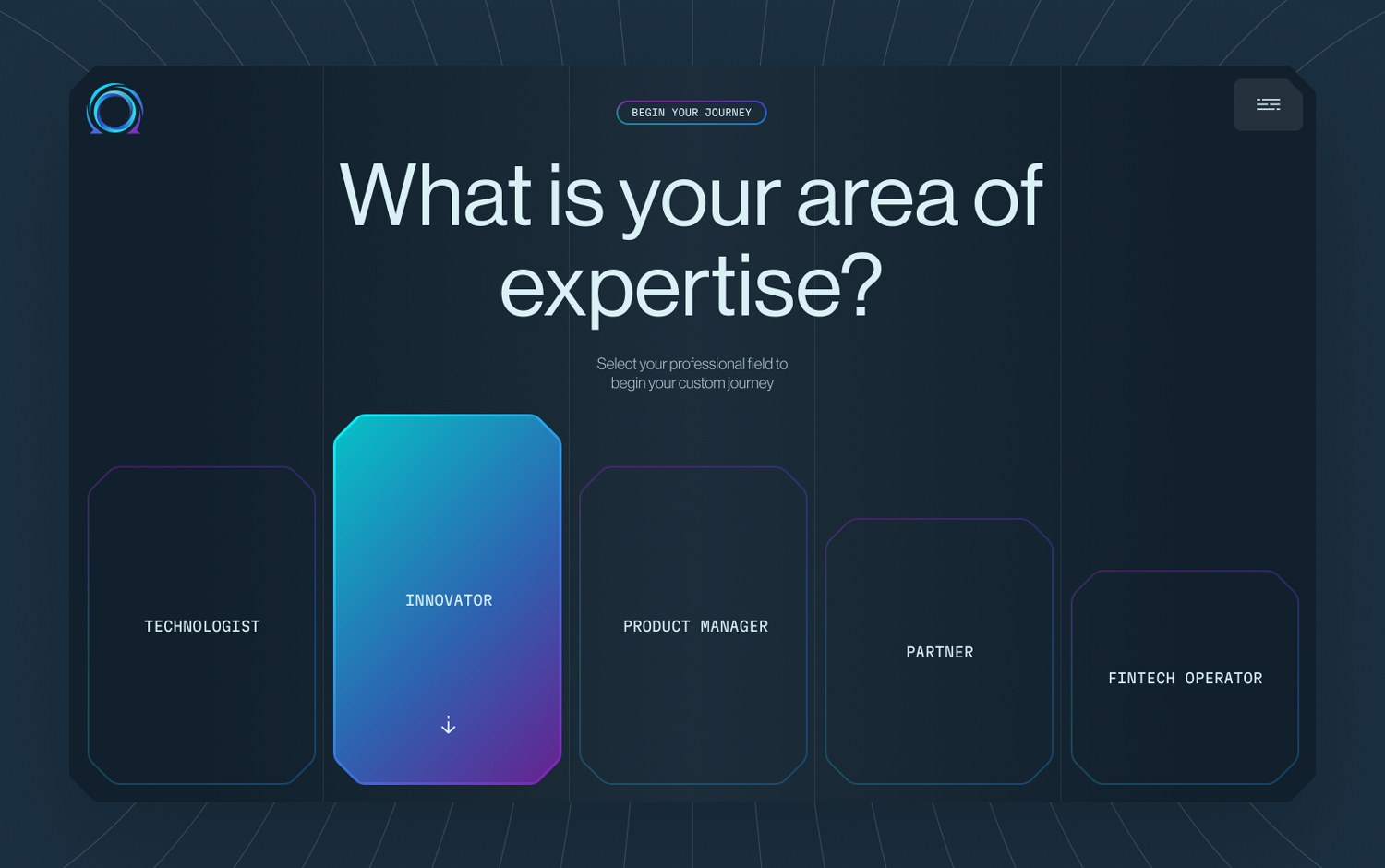 Interactive selection screen asking for professional expertise areas like "Innovator."