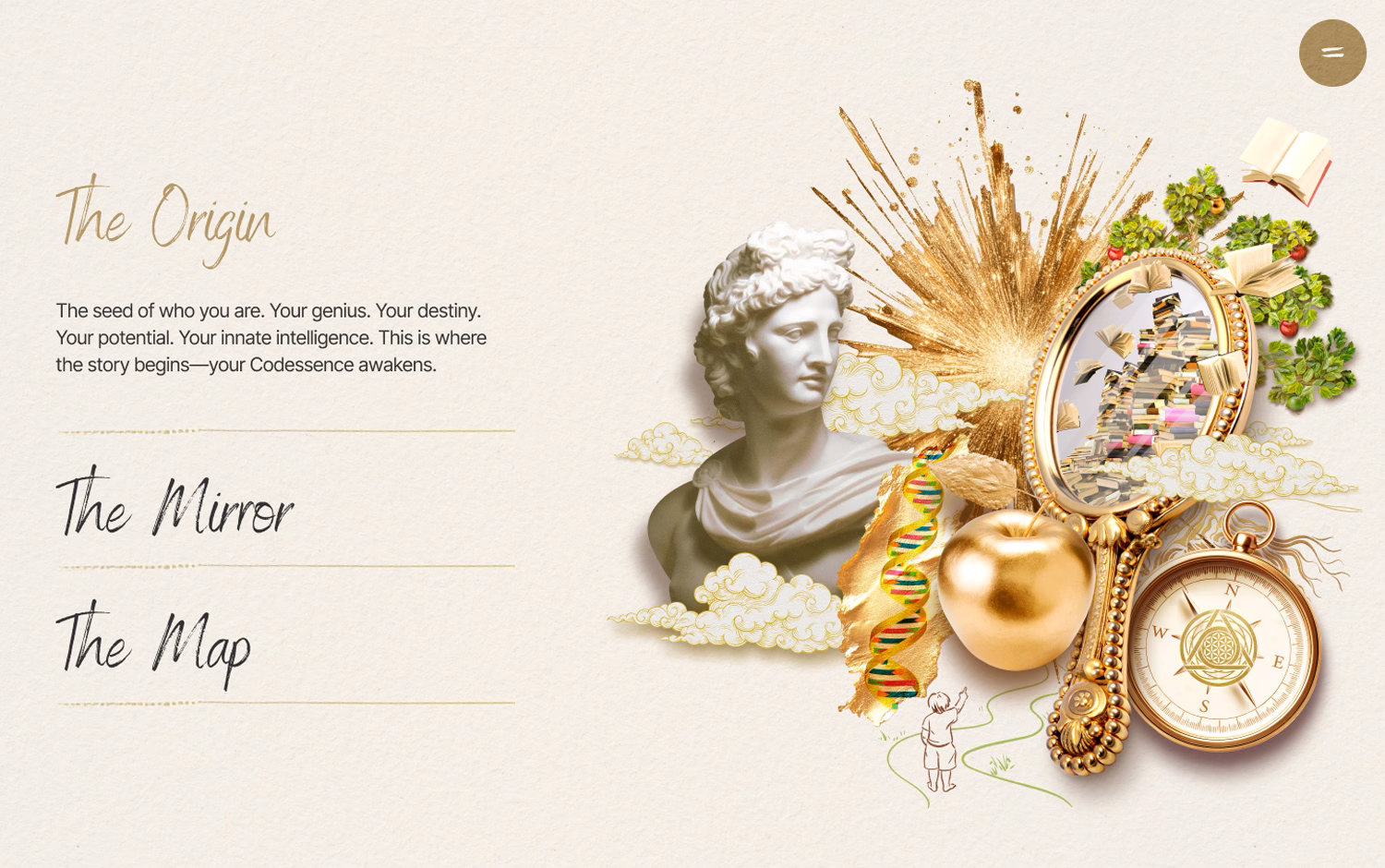 A collage with a bust, books, mirror, DNA, apple, and compass under "The Origin" text.