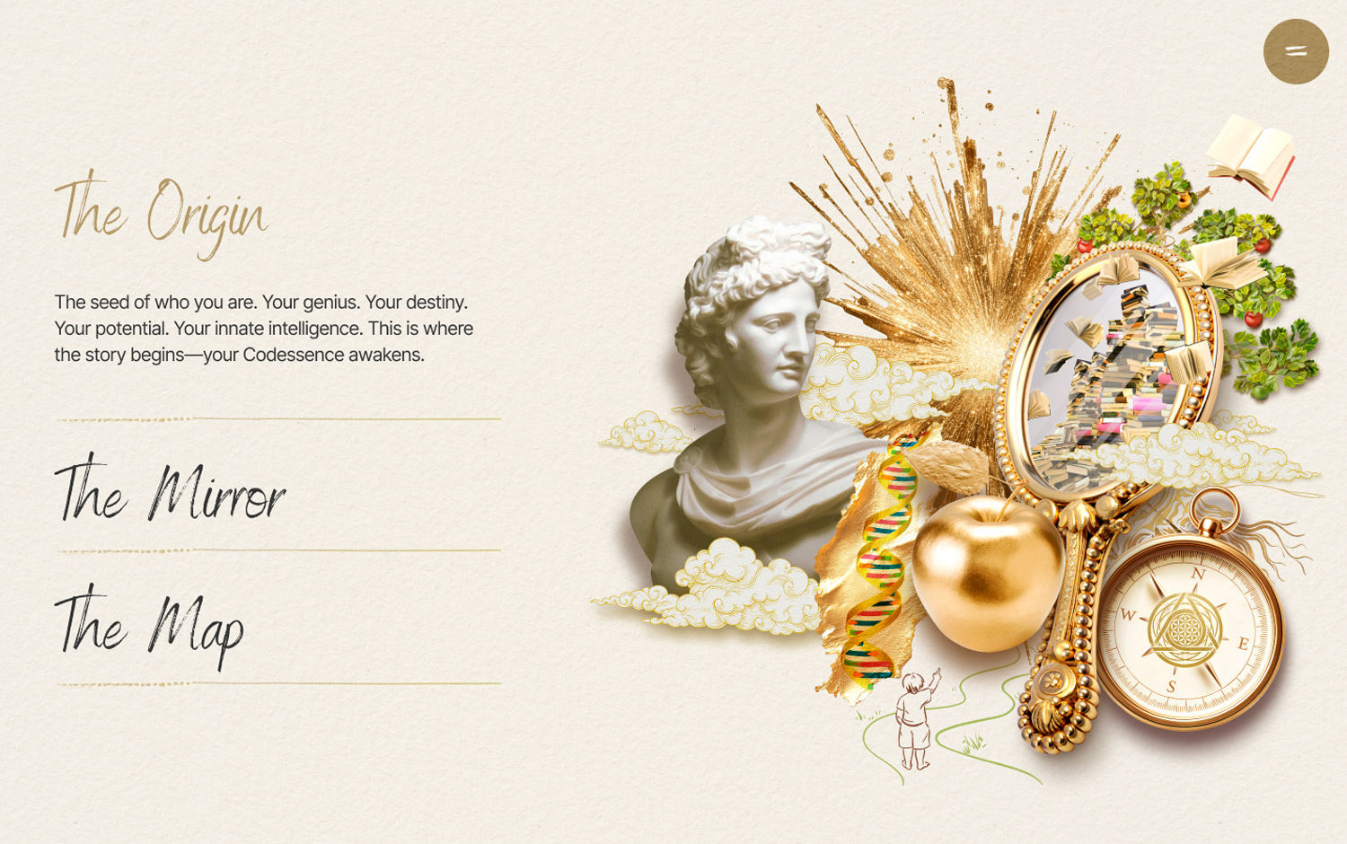 A collage with a bust, books, mirror, DNA, apple, and compass under "The Origin" text.