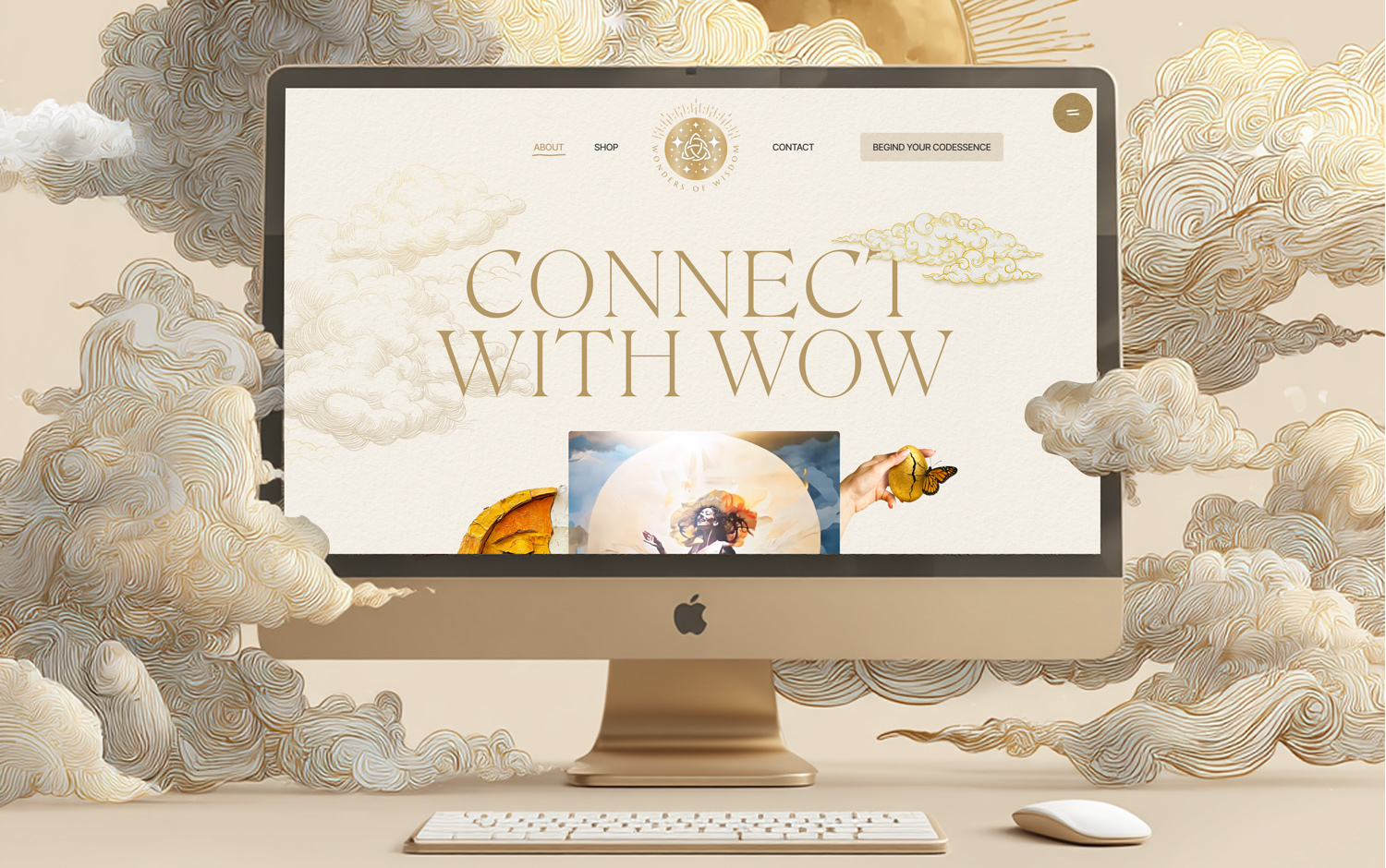 A desktop screen displays "Connect with WOW" amidst swirling clouds and a butterfly motif.