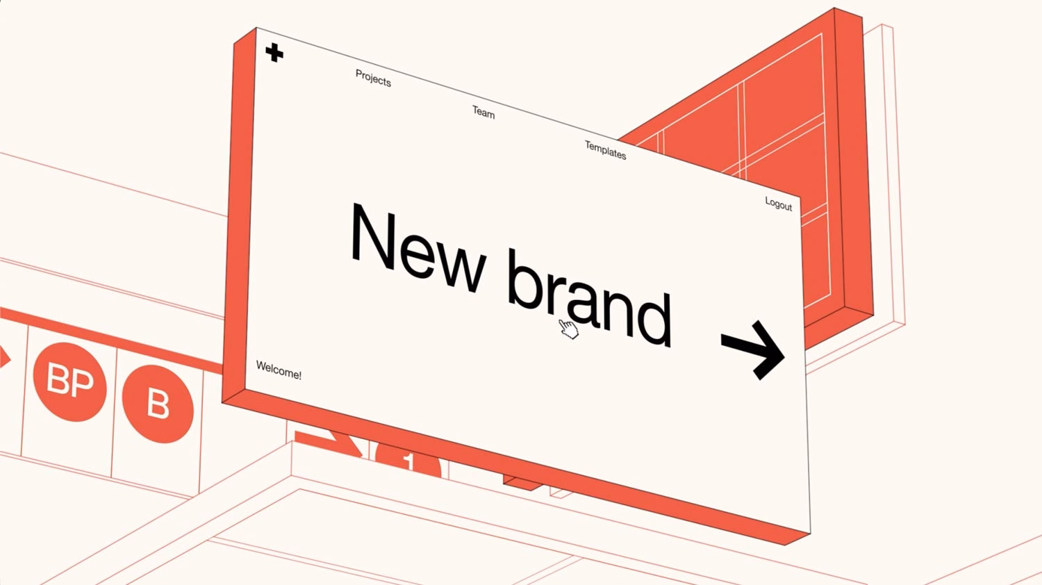 A digital interface displays the text "New brand" in bold typography, set against a light background with orange accents.
