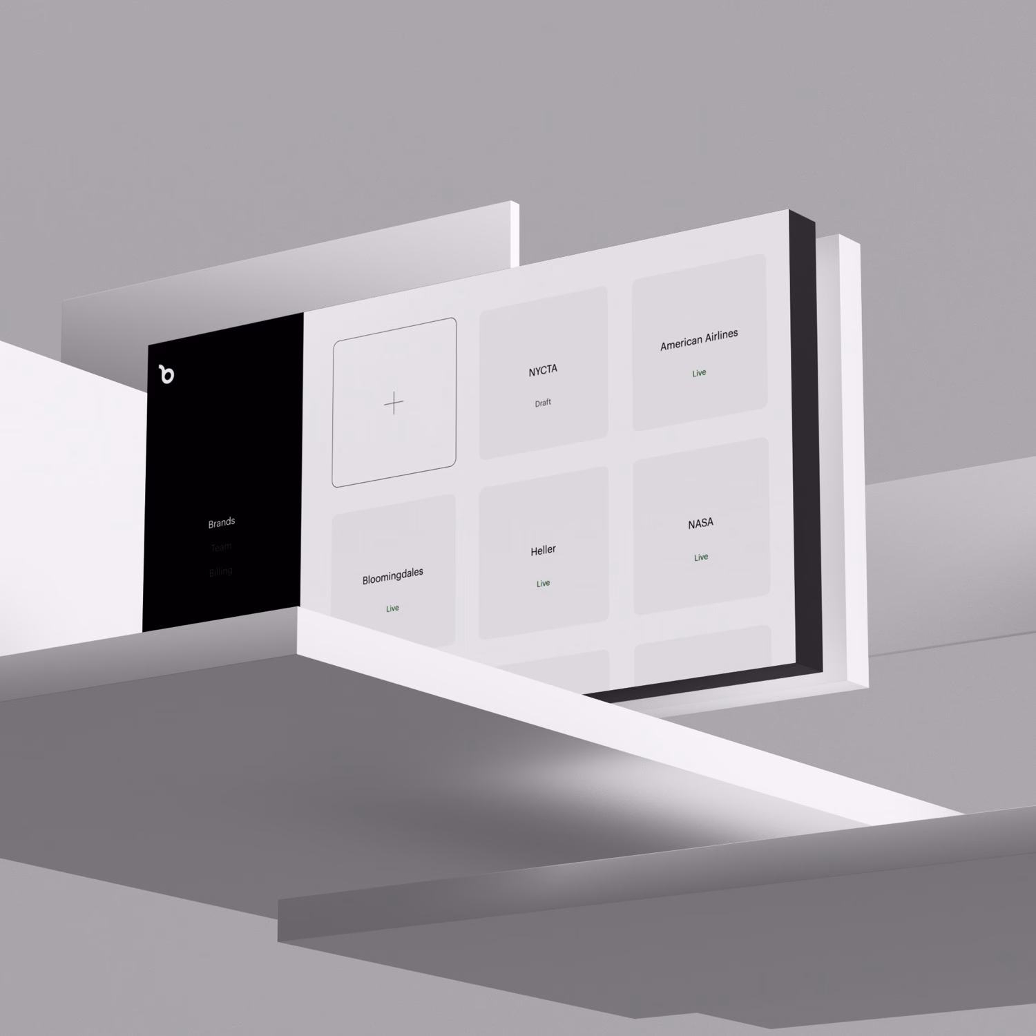 A sleek black sidebar displays brand options, arranged in light grey tiles with green text on a minimal white background.