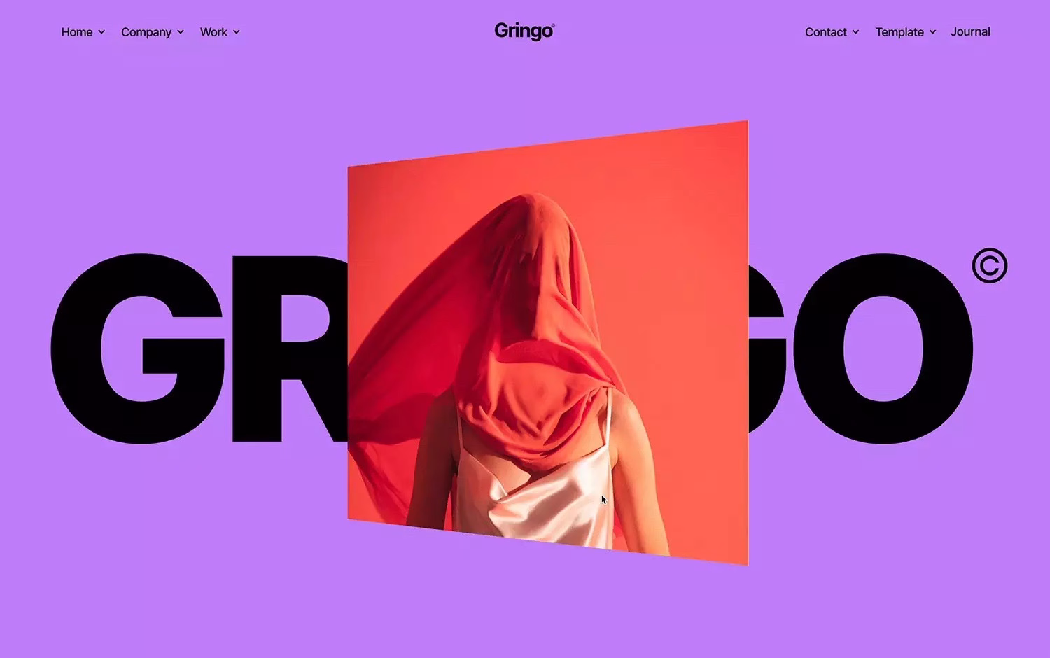 A figure draped in an orange fabric stands against a purple background, blending with bold black typography.