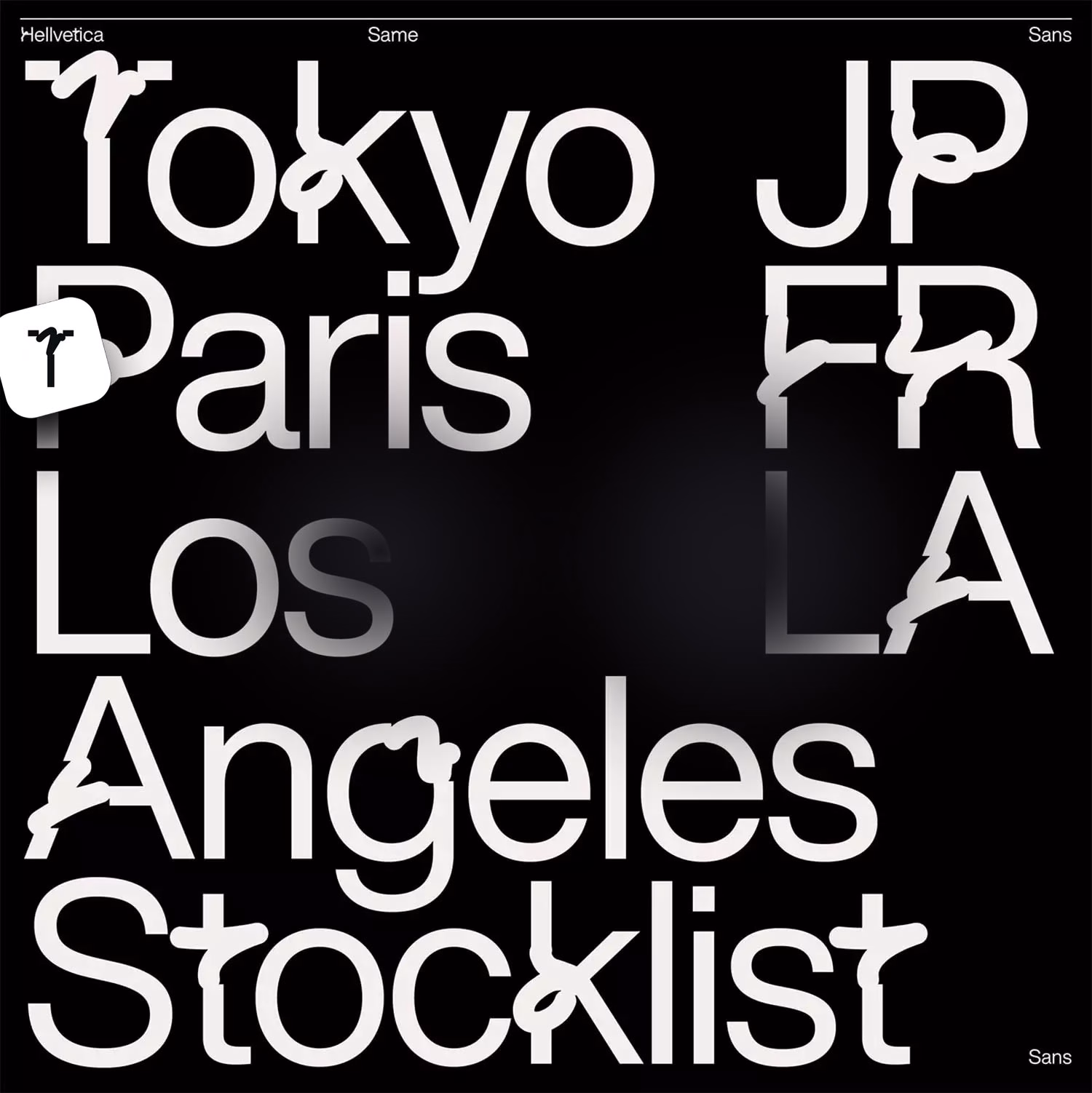 A dark background features overlapping white text with city names and abbreviations, displayed in a bold, modern typeface.