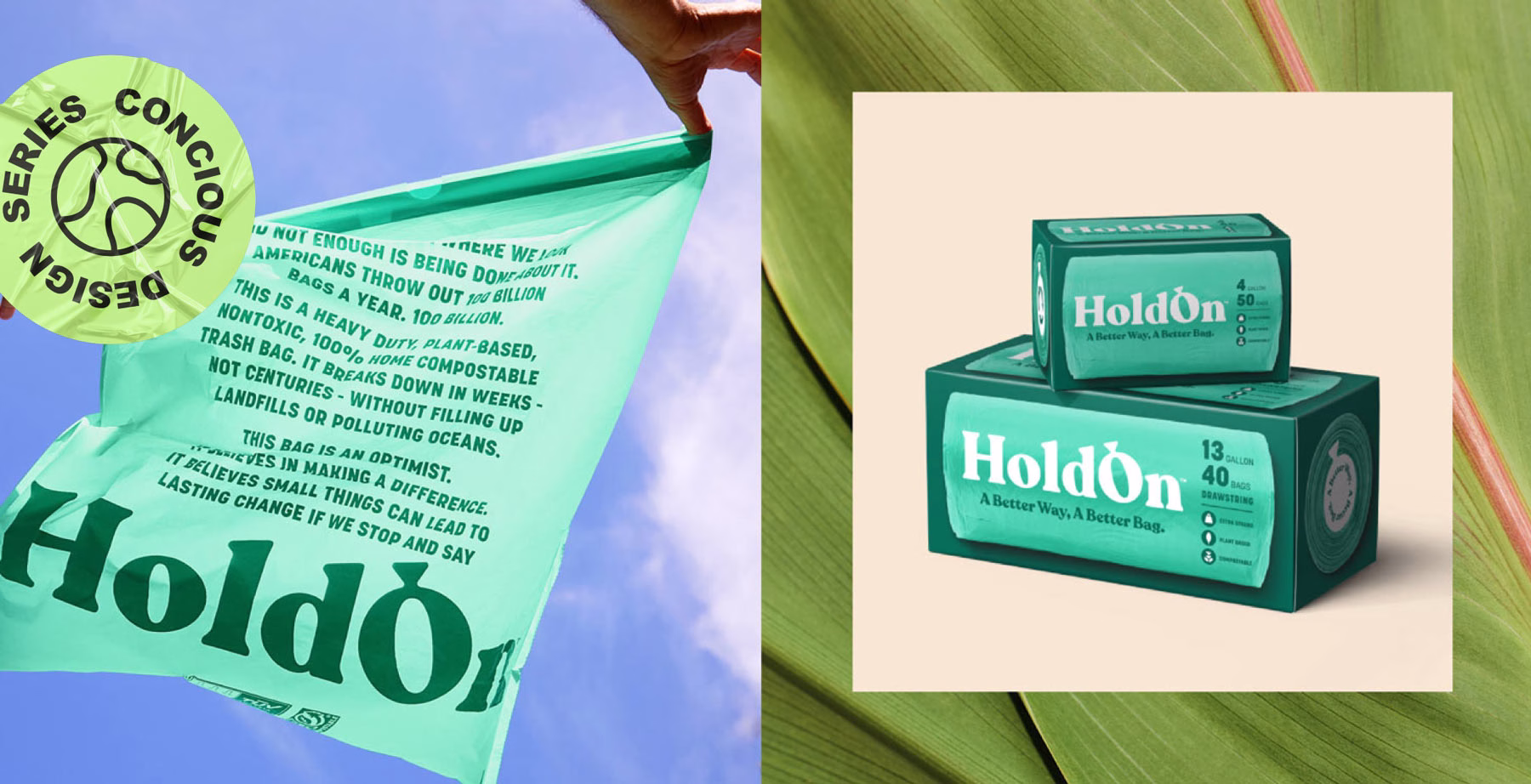 A hand holds a translucent green trash bag while a box of "HoldOn" bags rests on a light beige background.