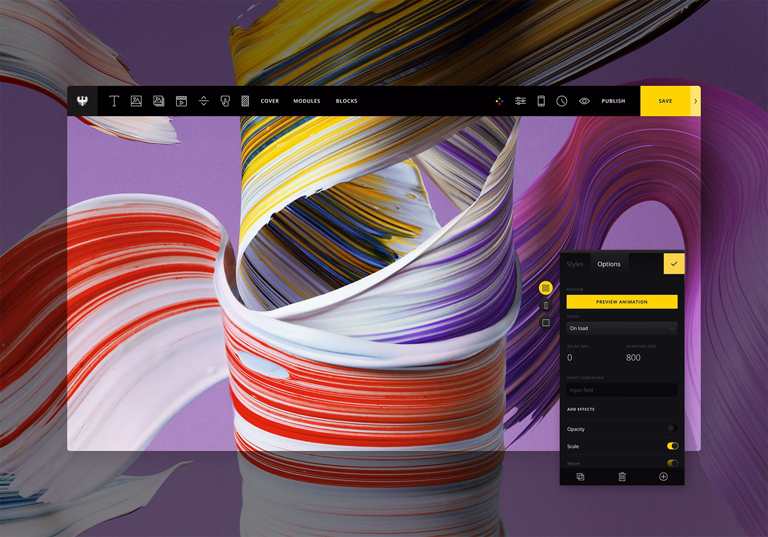 Brightly colored paint strokes swirl against a purple background, with a minimalist interface shown at the top of the image.