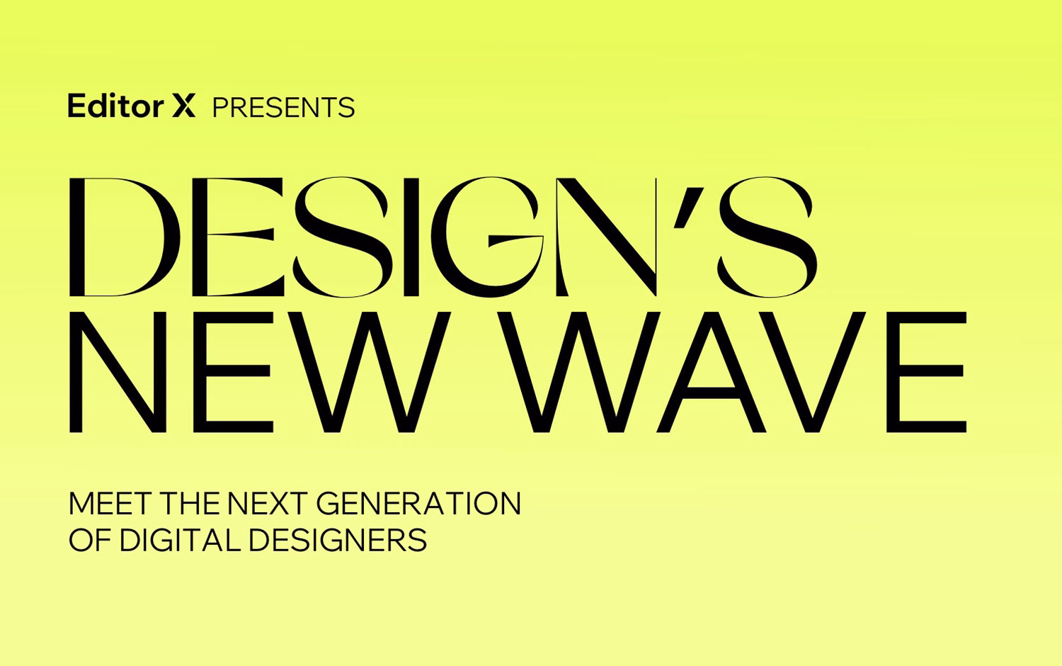 A bright yellow background features bold black typography announcing "DESIGN'S NEW WAVE," showcasing digital designers' emergence.