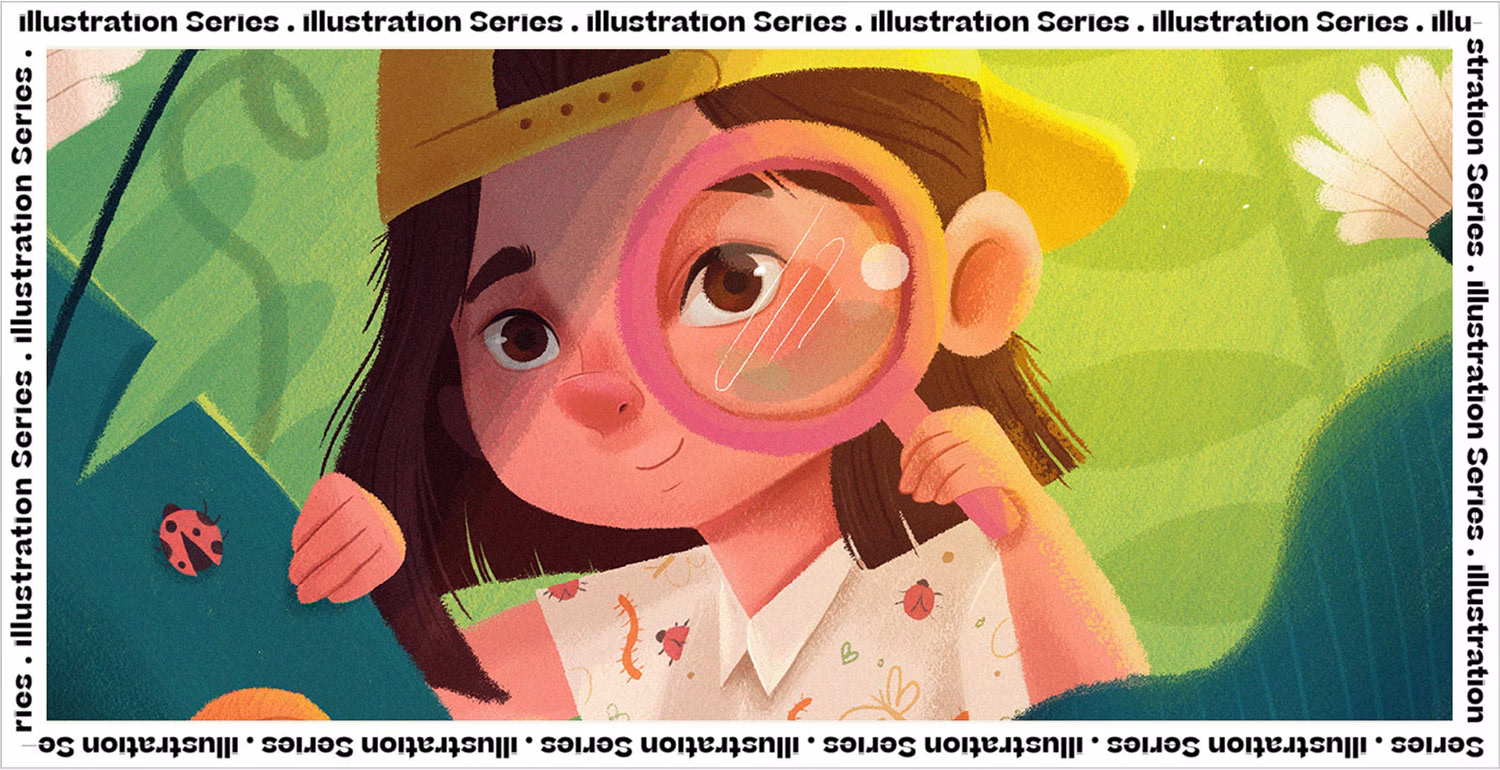 A young girl with a yellow cap examines insects with a magnifying glass amidst a vibrant green background.