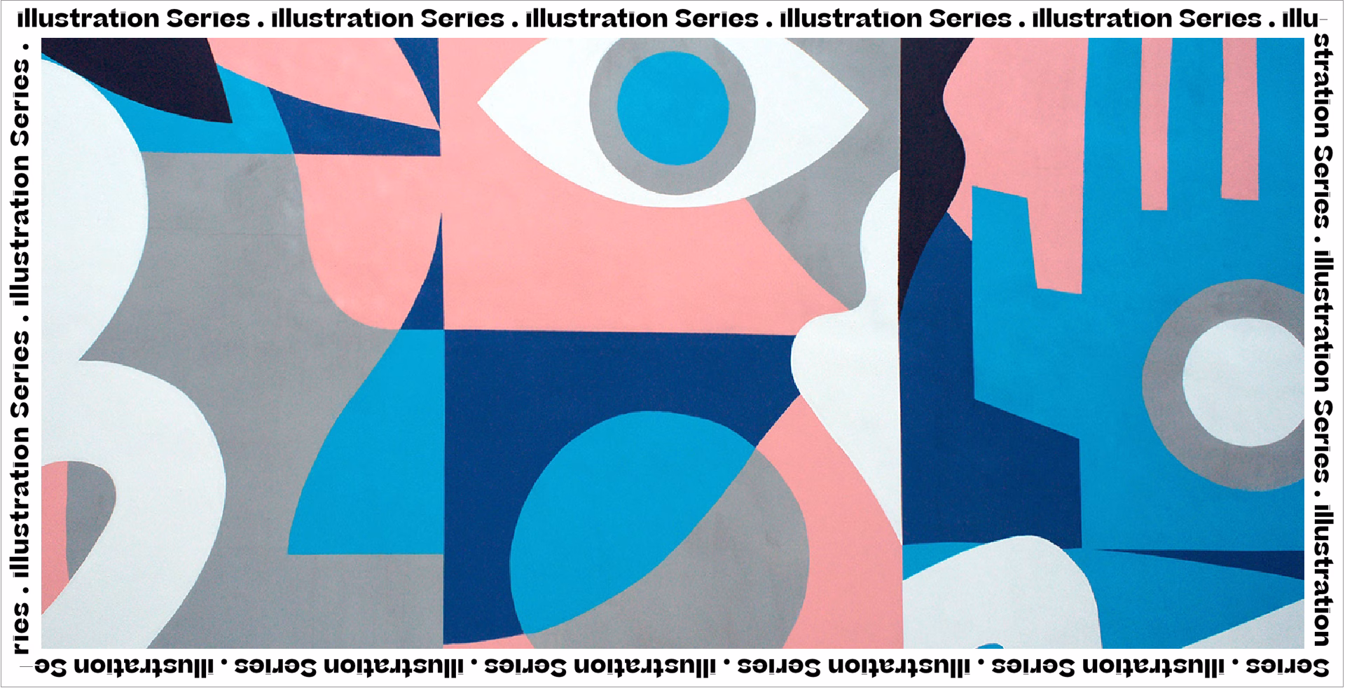 A vibrant, abstract composition featuring geometric shapes in shades of blue, pink, and gray.