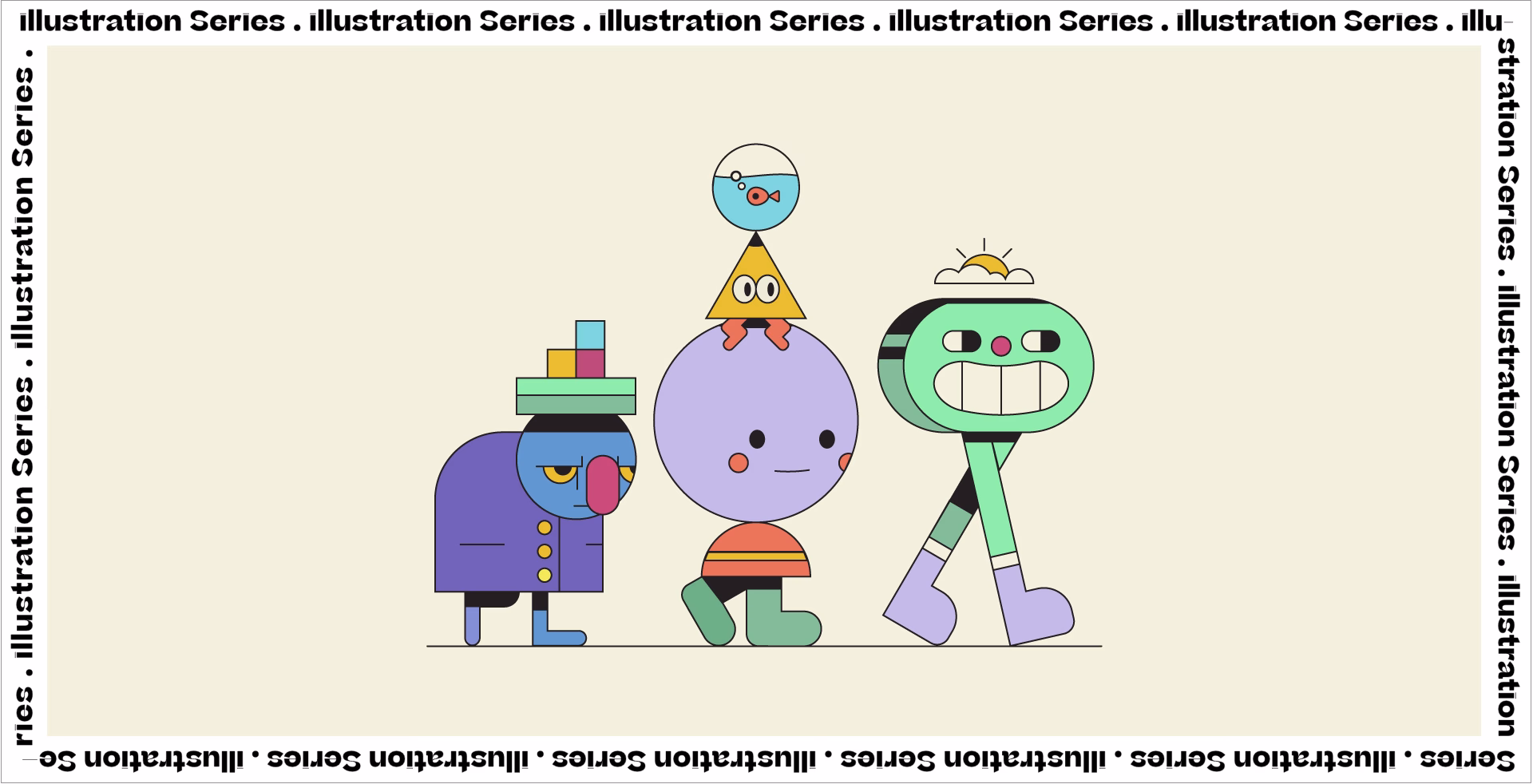 Three playful, cartoonish characters stand side by side against a pale background, with bold colors and simple shapes.
