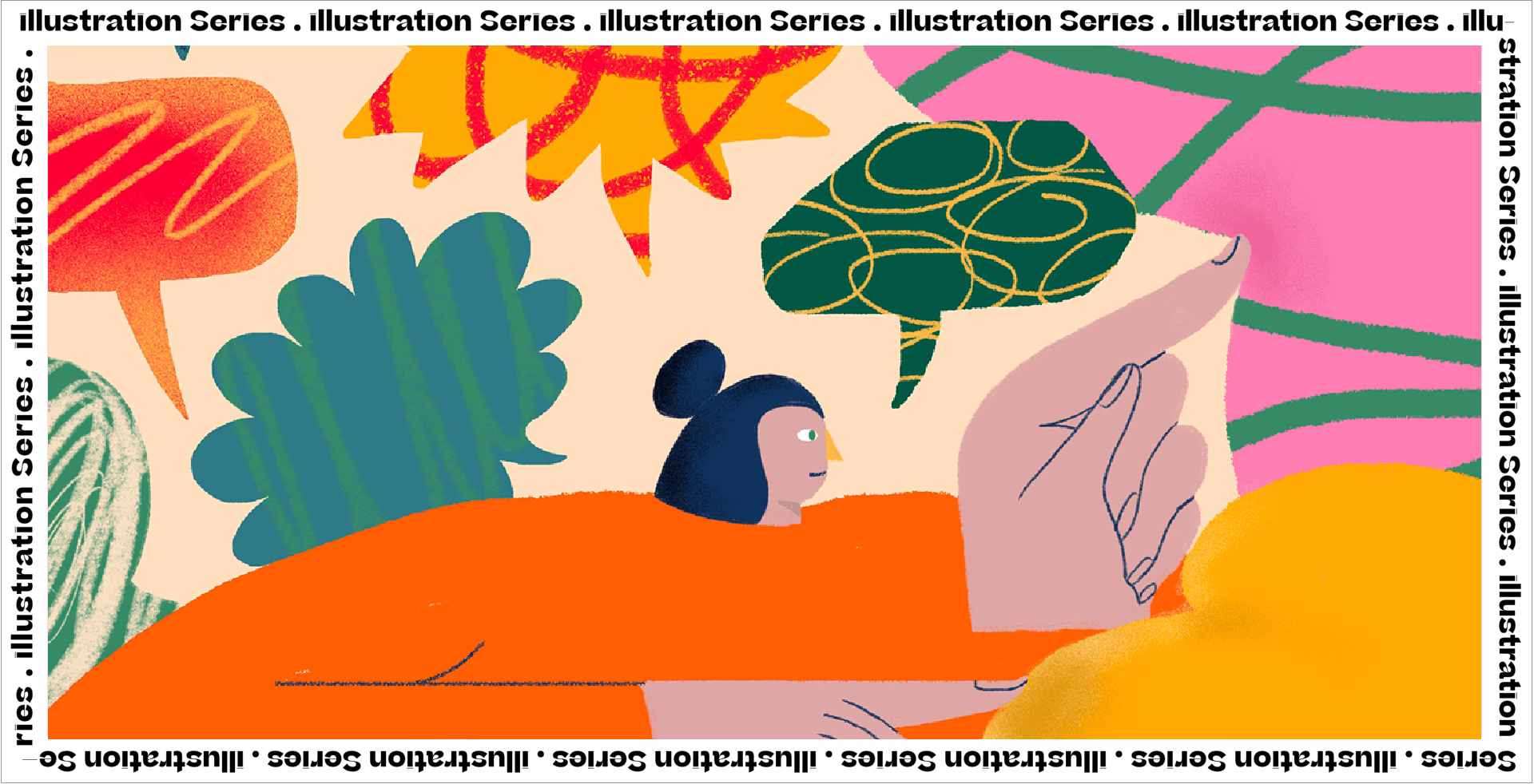 A figure in an orange outfit gestures with a hand, surrounded by colorful, abstract shapes and foliage.