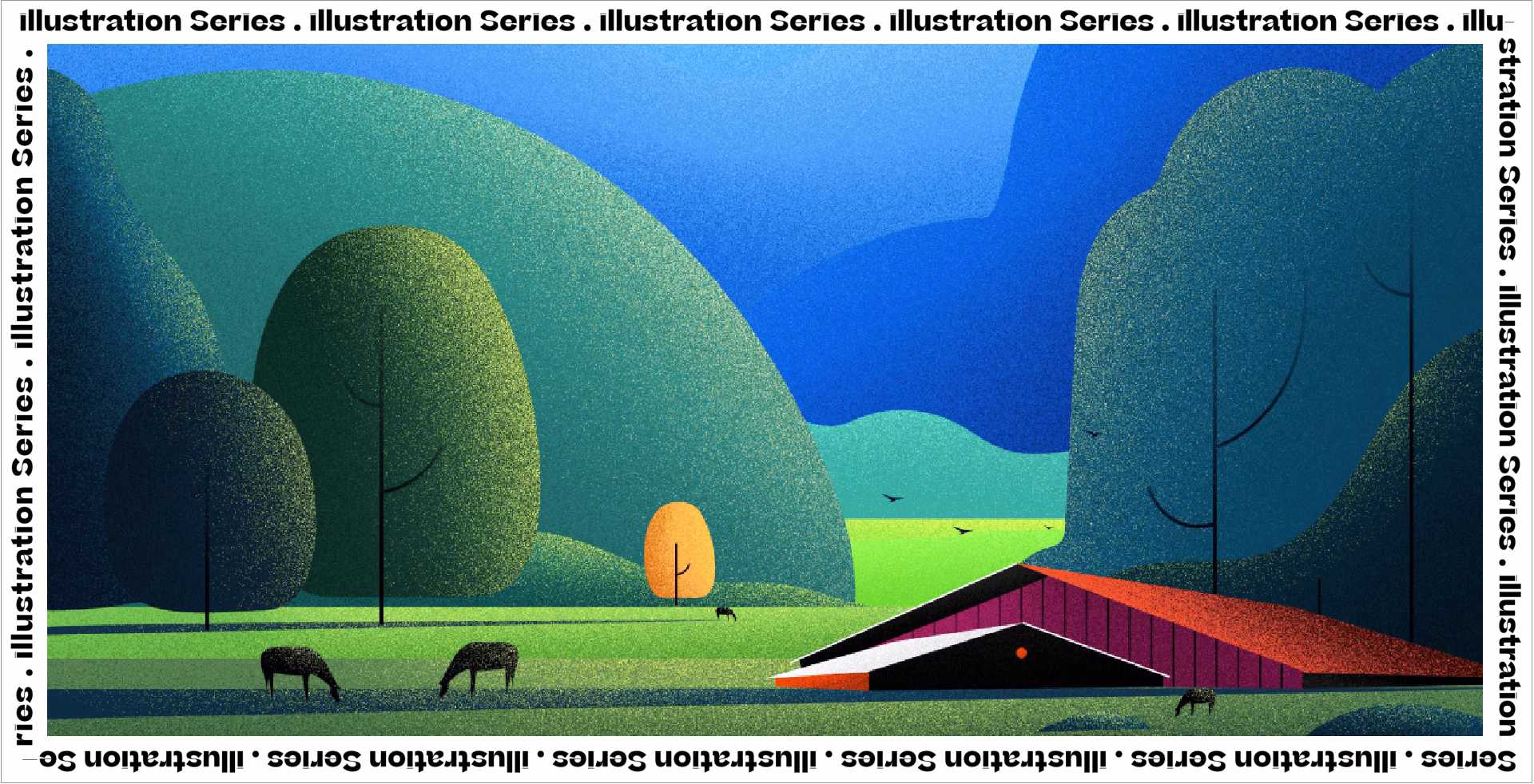 A vibrant, abstract landscape features rolling hills, a colorful house, and grazing animals under a blue sky.
