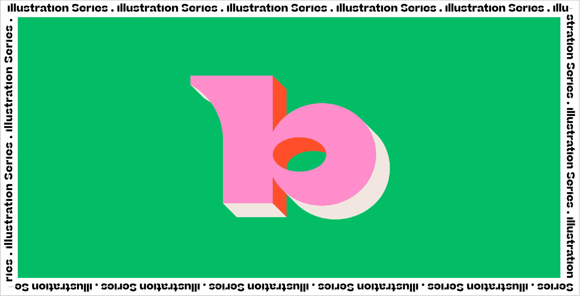 A large, playful number "b" in pink and red rests against a vibrant green background, surrounded by black text border.