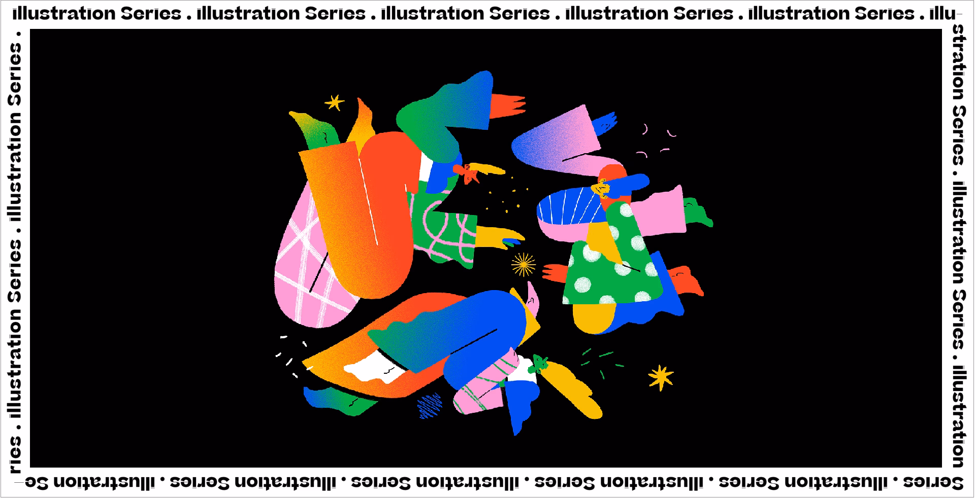A vibrant arrangement of abstract figures in bold colors, surrounded by playful shapes against a black background.