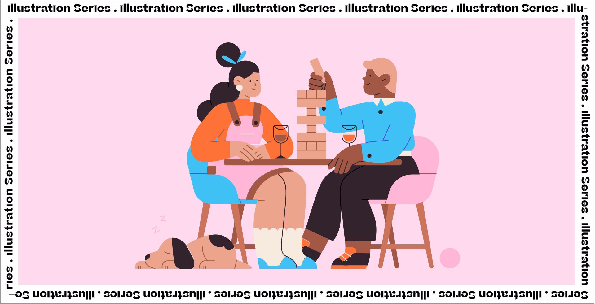 Two friends enjoy a game of Jenga at a table, with a playful dog resting at their feet. The background is a soft pink.