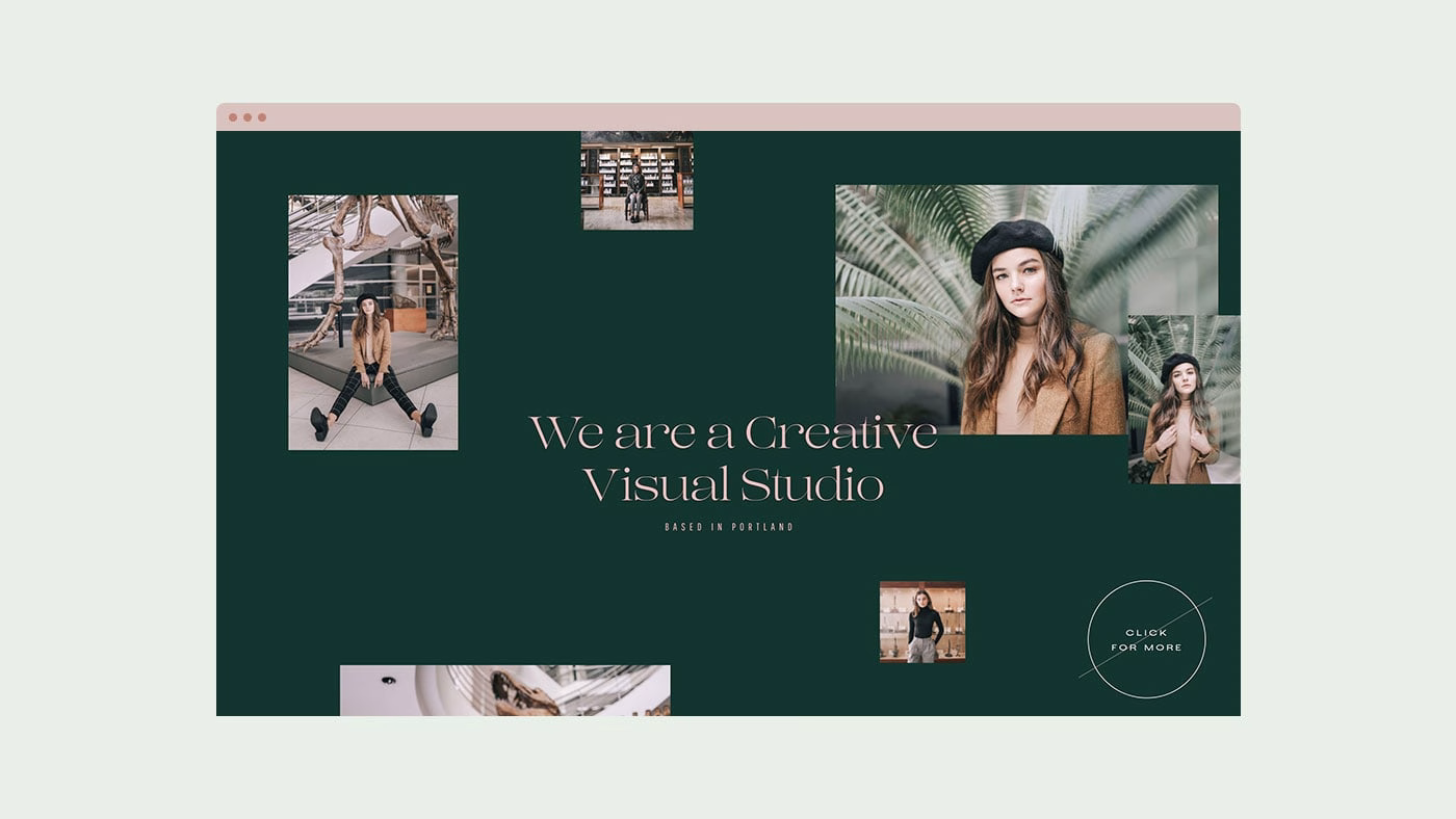 A dark green website layout features a collage of portraits and text promoting a creative visual studio based in Portland.
