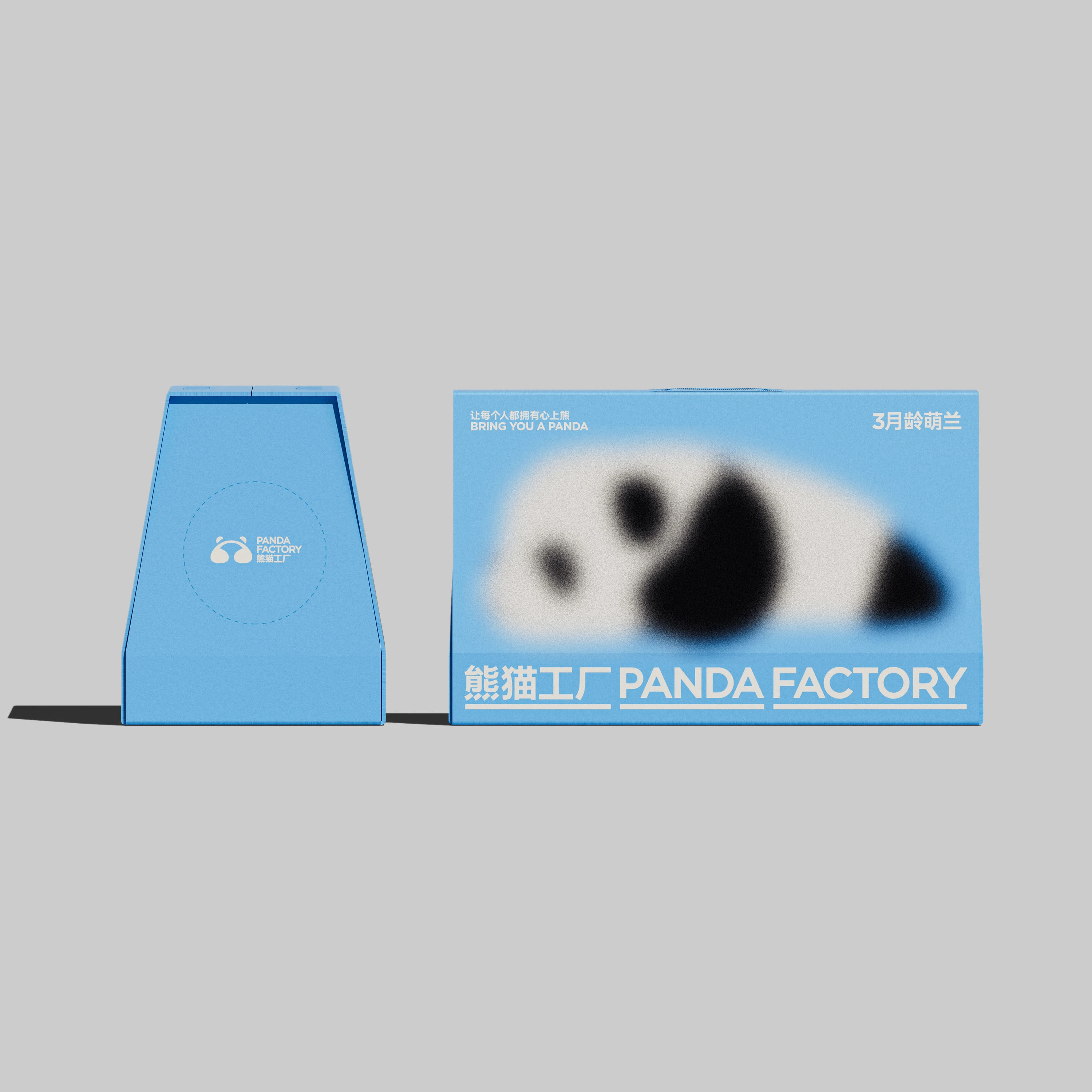 Blue "Panda Factory" box featuring a blurry panda image and various text.