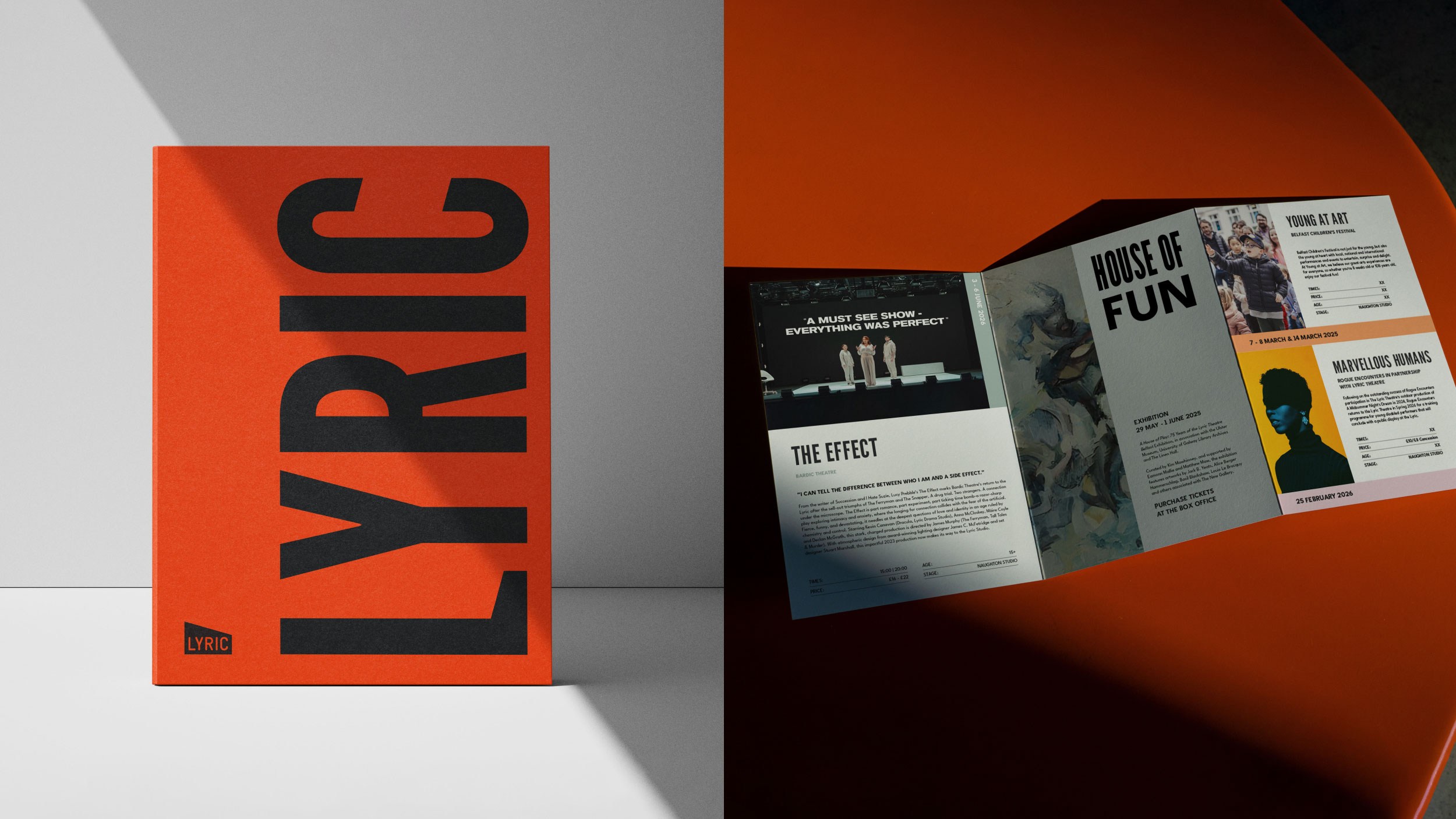 An orange "LYRIC" brochure with bold text and open pages displaying event details.