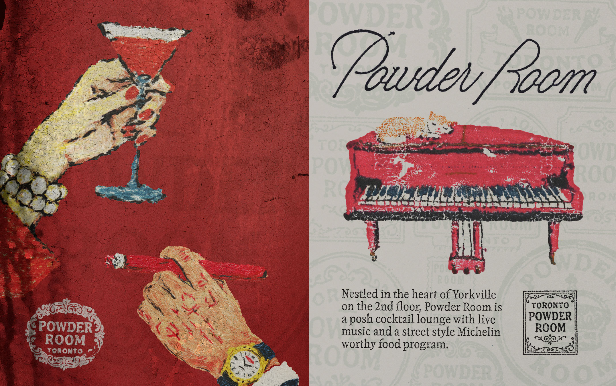 Hand holding a red drink, piano with cat, and text about "Powder Room" cocktail lounge.