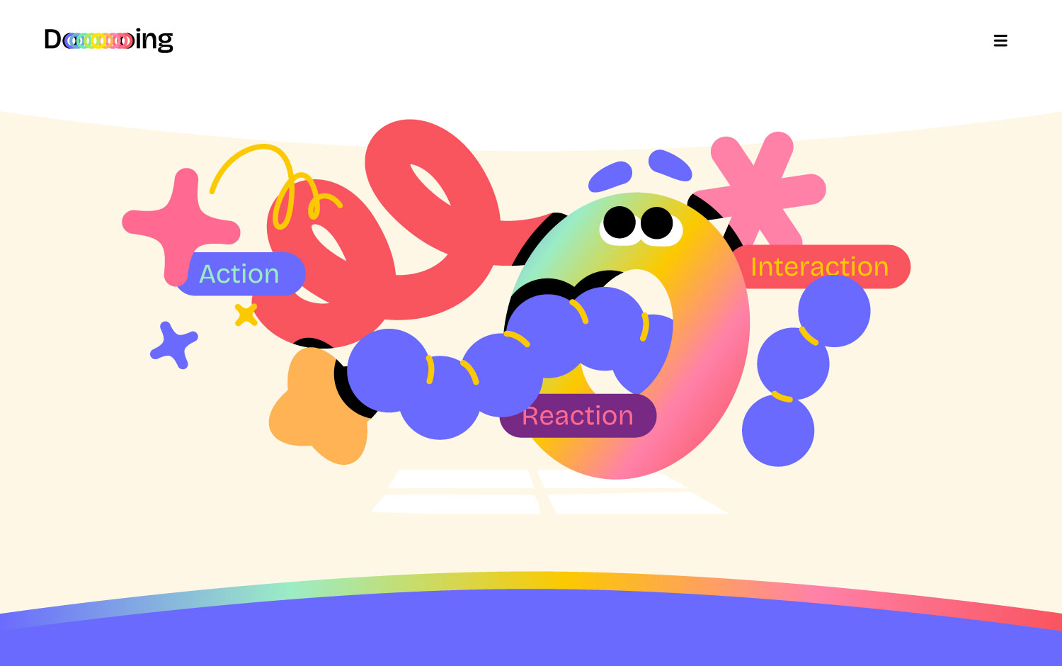 Colorful abstract shapes with words: Action, Reaction, Interaction.