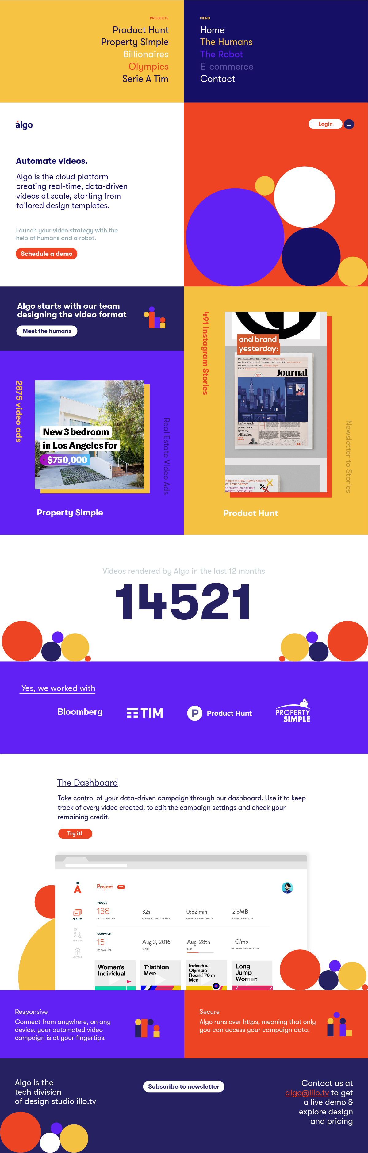 Algo's vibrant landing page highlights video automation and client collaborations.