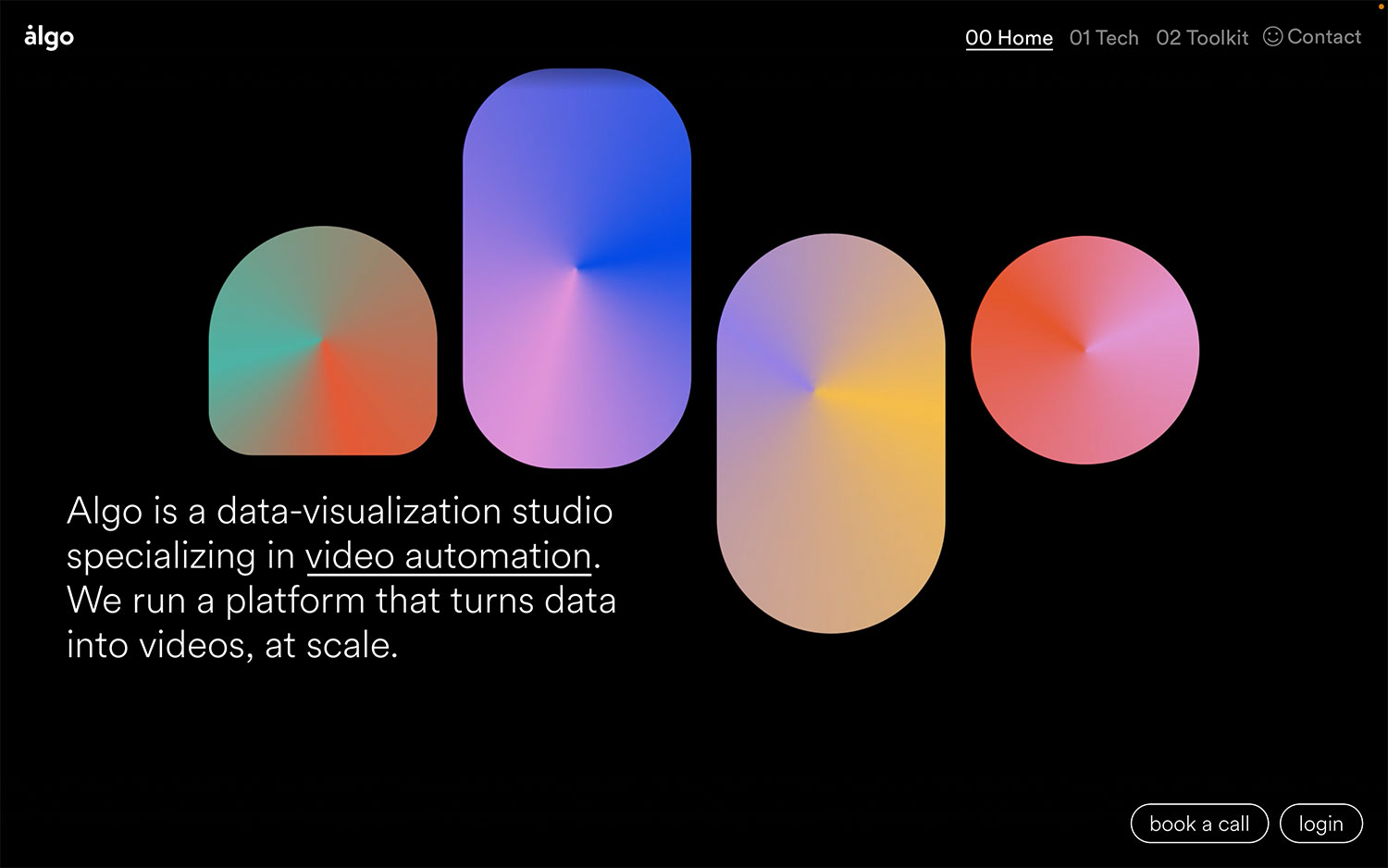 Colorful shapes and text about data video automation on a black background.