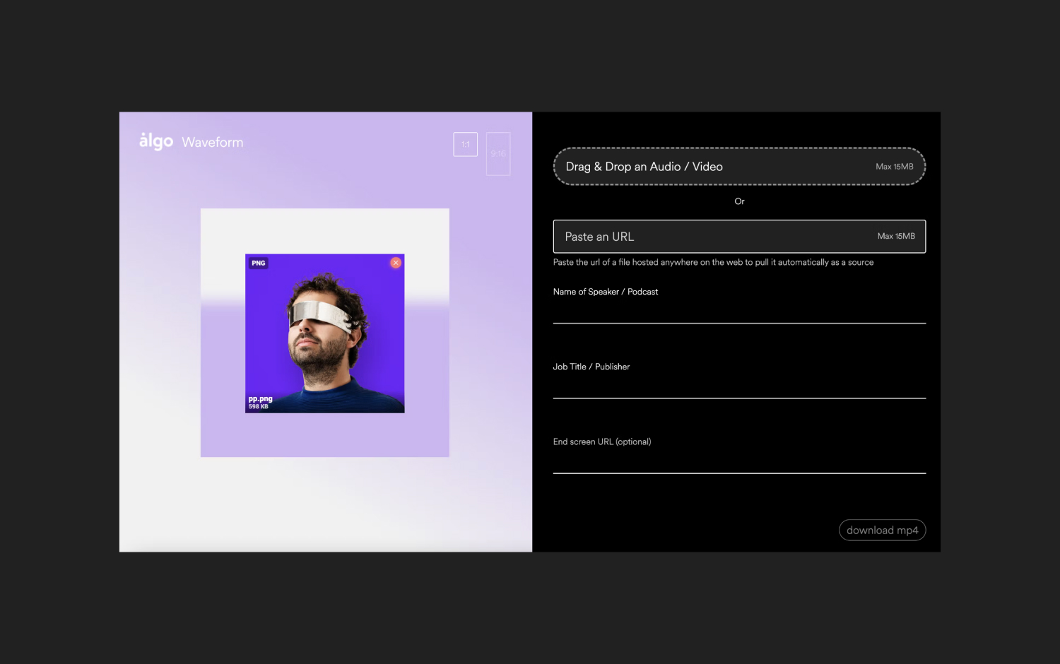 Interface for audio/video upload with image of a man wearing futuristic eyewear.