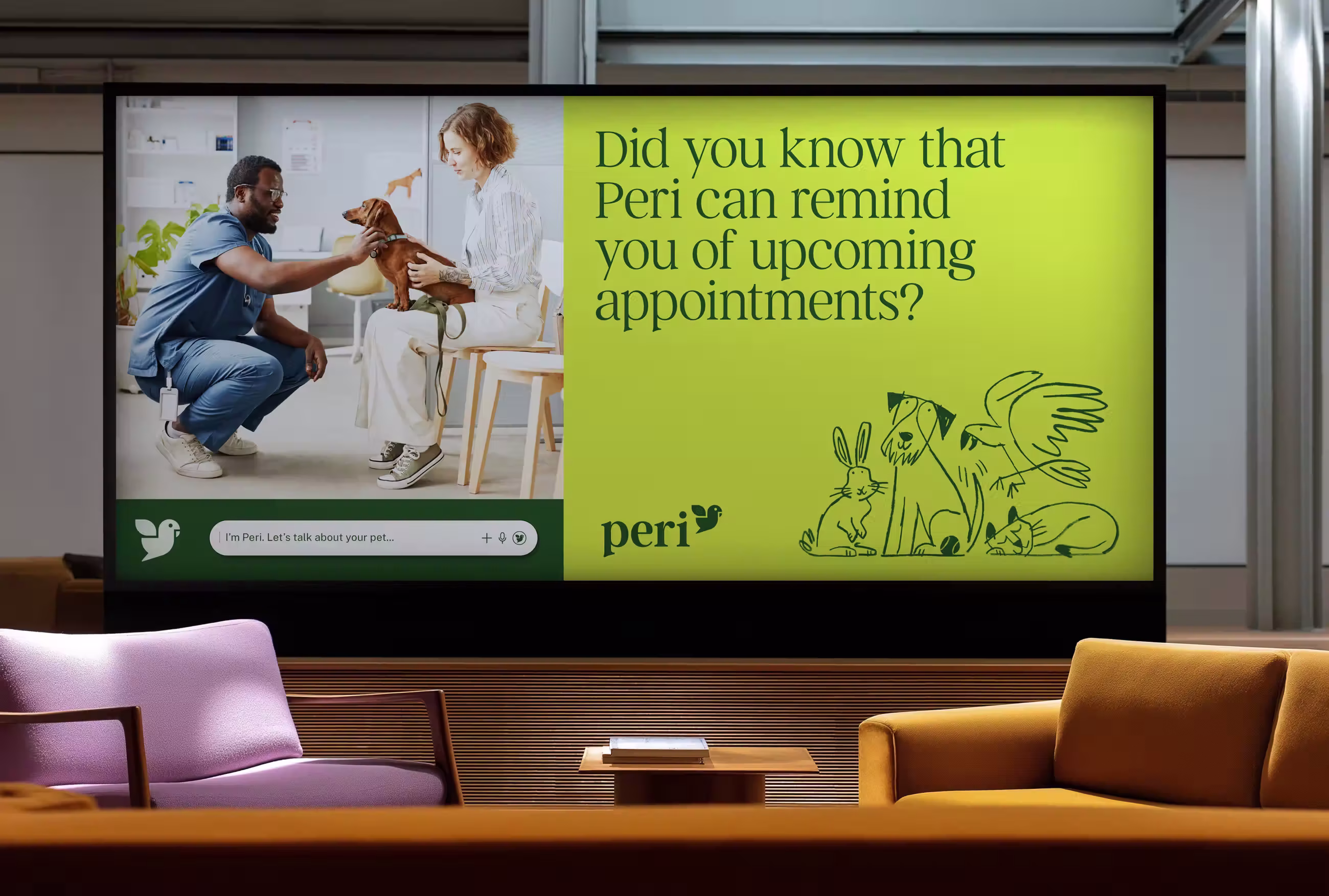 A vet interacts with a dog while a woman watches, displayed on a bright green digital screen in a modern waiting area.