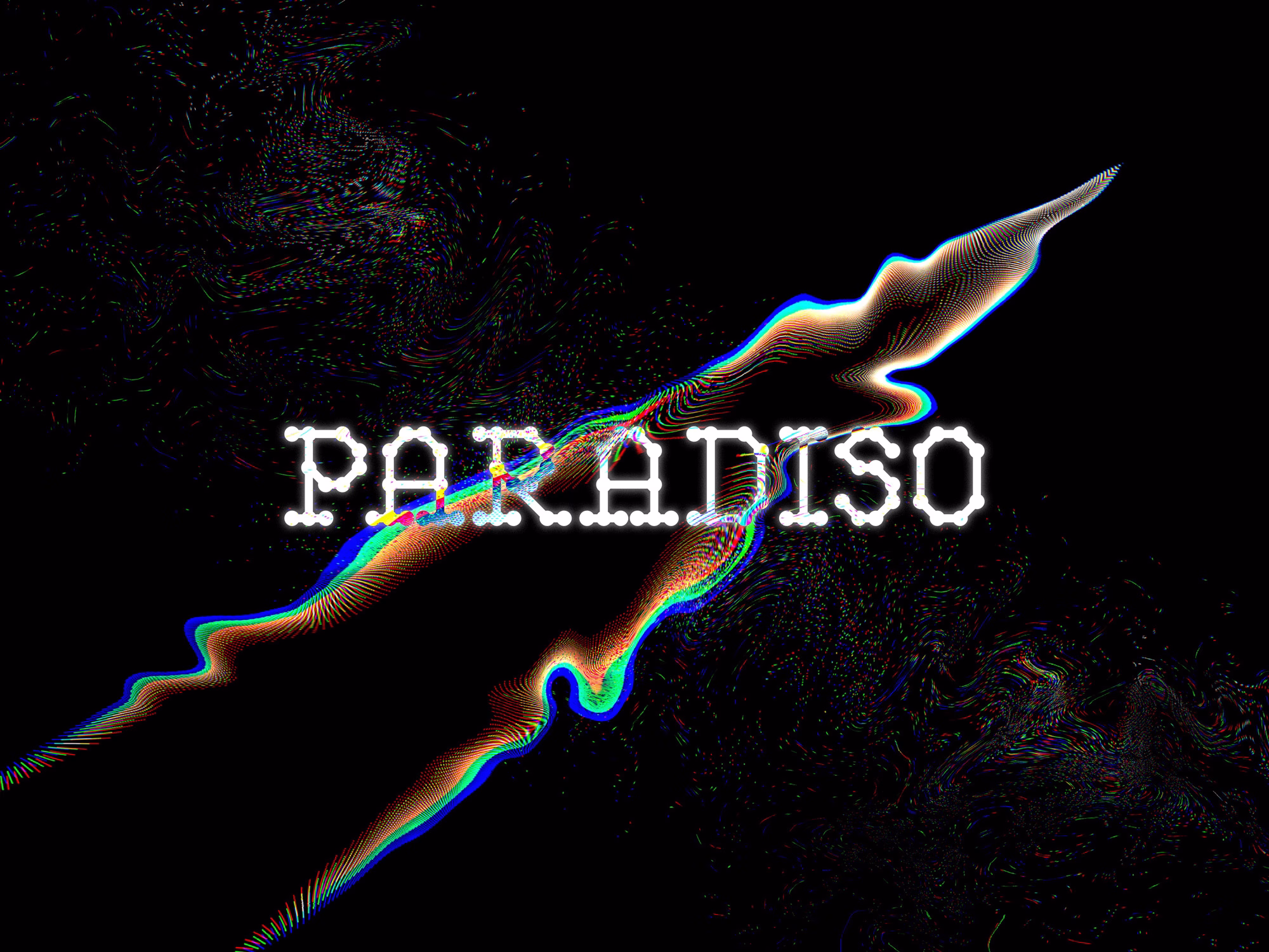 A digital design featuring the word "PARADISO" in white, set against a swirling black and colorful background.