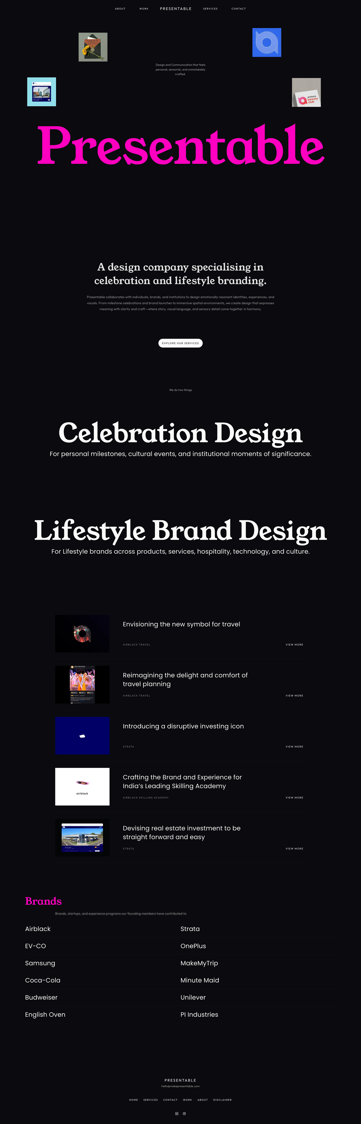 Design company website showcasing celebration and lifestyle branding services.