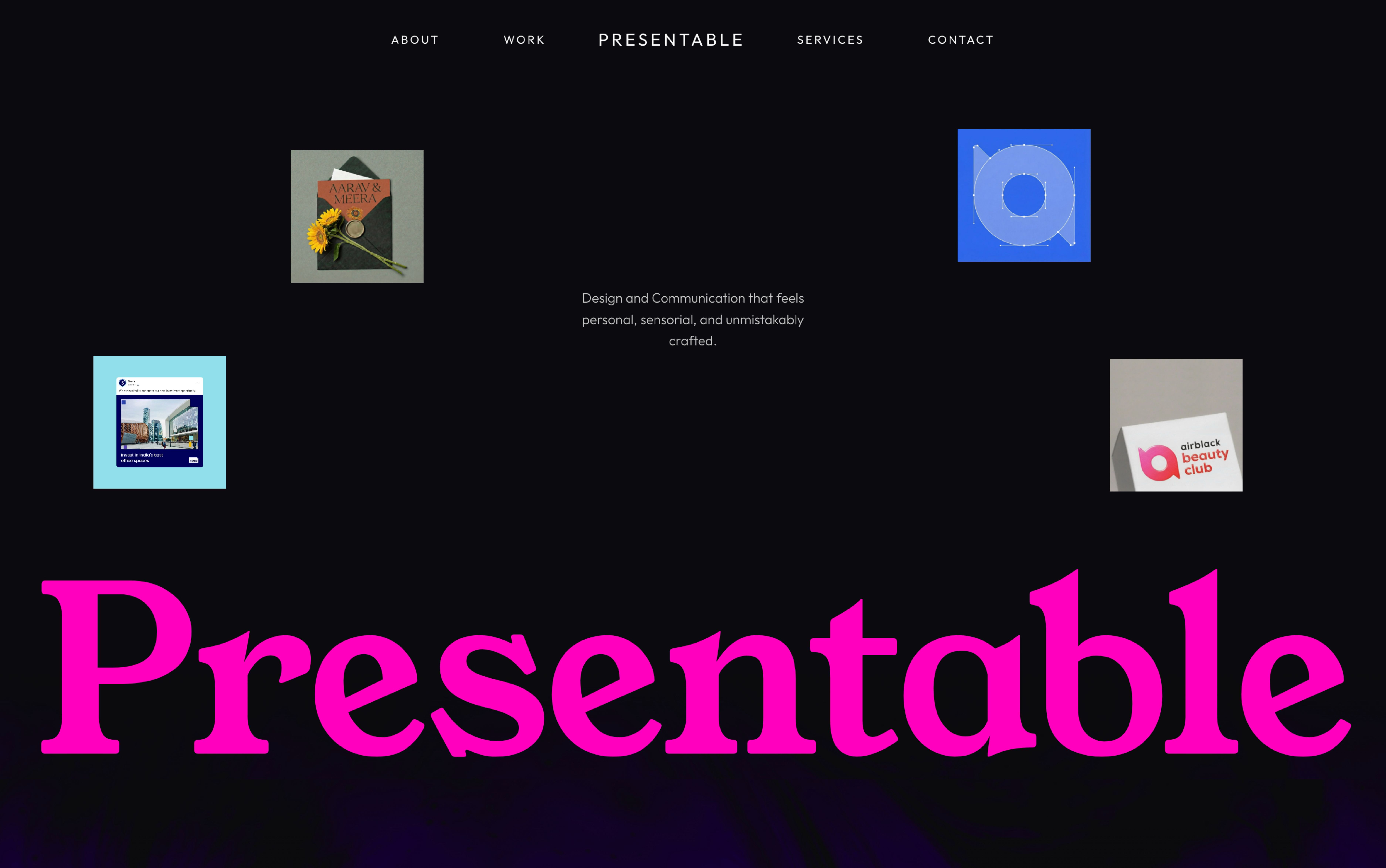 Webpage with a "Presentable" banner, images, and navigational links on a black background.