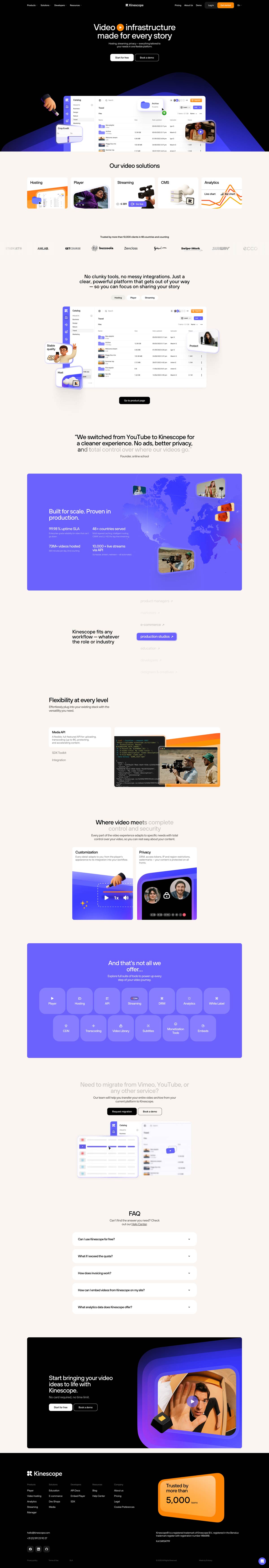 Webpage showcasing video infrastructure solutions with features, testimonials, and company logos.