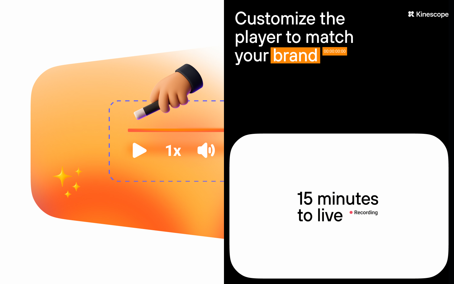 Split-screen showing branding customization and live recording prompt