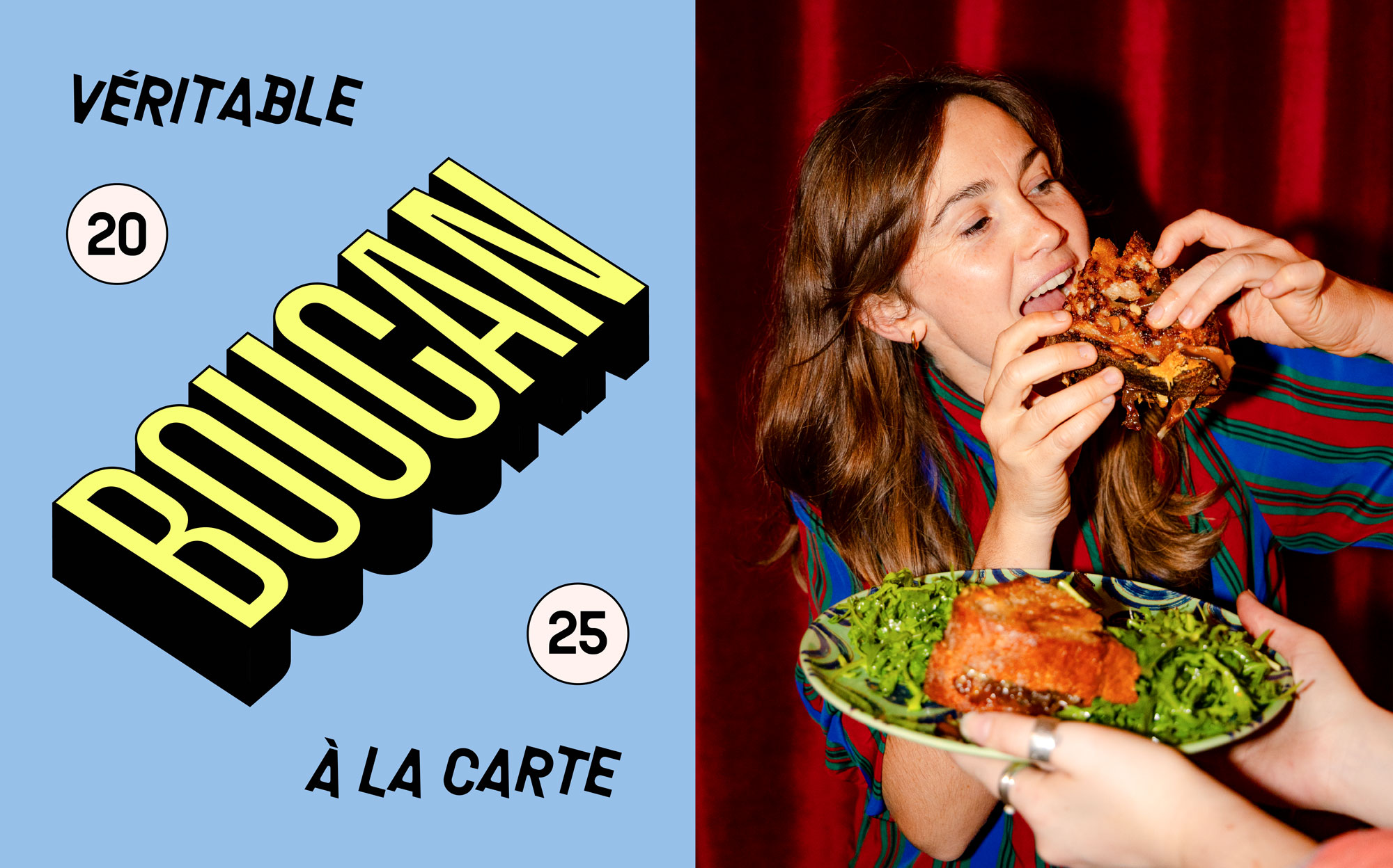 Left: Bold "BOUCAN" text. Right: Woman eagerly eating ribs.