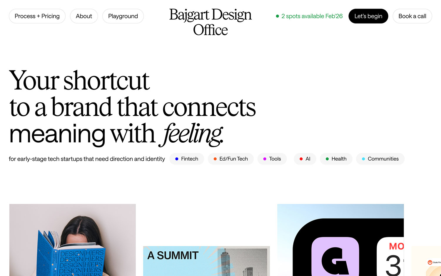 Design studio offers branding for early-stage tech startups, highlighting feeling and meaning.