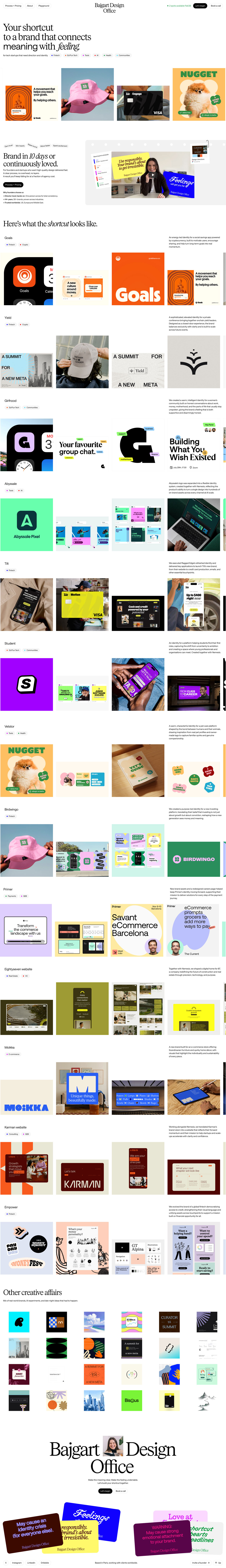 Web page showcasing various creative branding and design projects with colorful visuals.