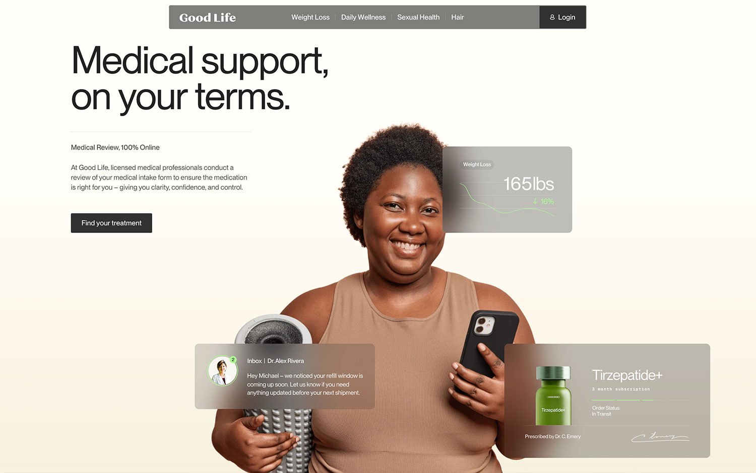 Smiling person with phone and yoga mat; medical support service details overlayed.