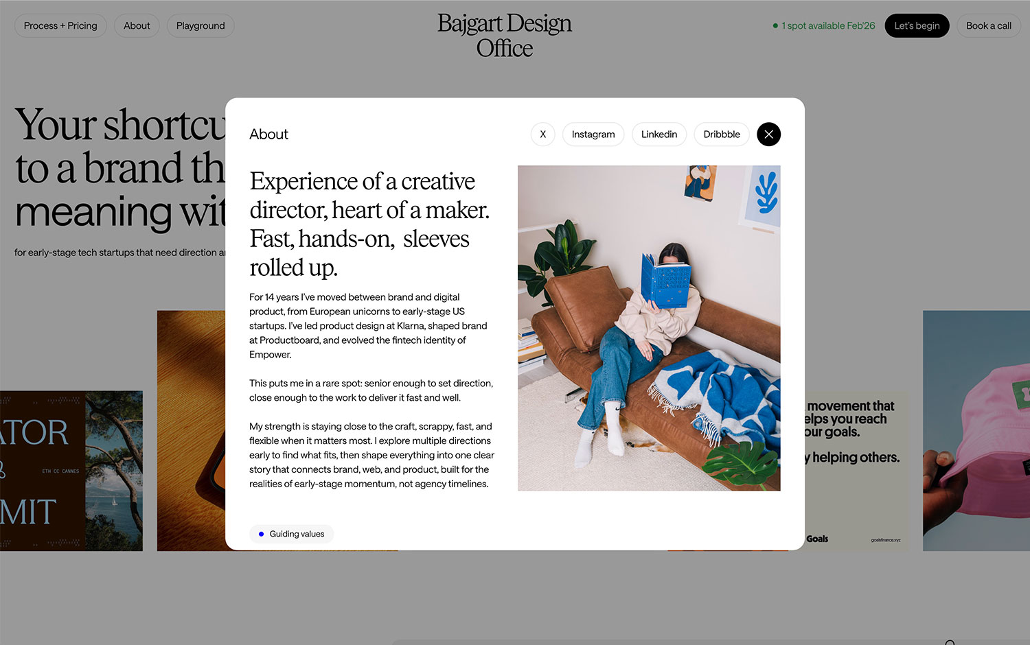 Design page with a popup about a creative director
