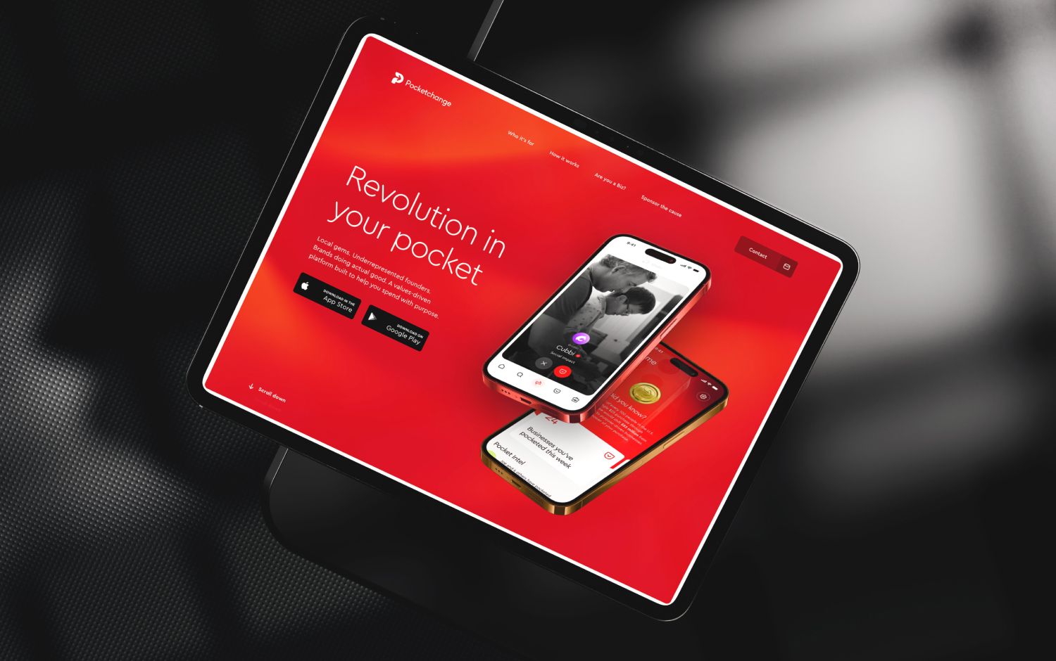 Tablet displaying a red Pocketchange app advertisement with two phones.