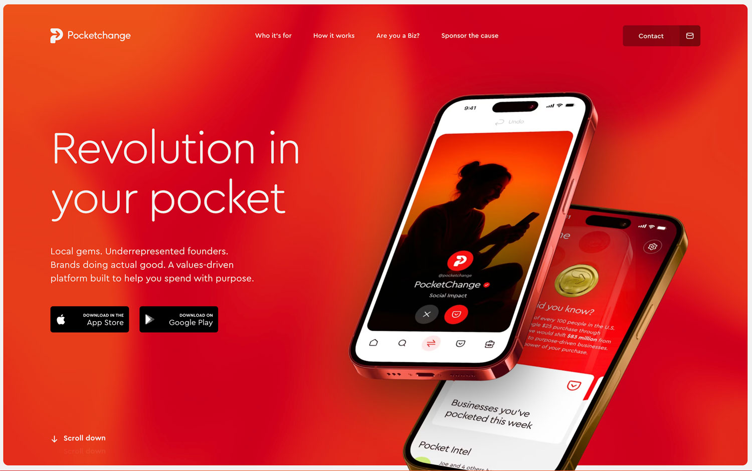 Smartphone app promoting social impact with "Revolution in your pocket" tagline on red background.