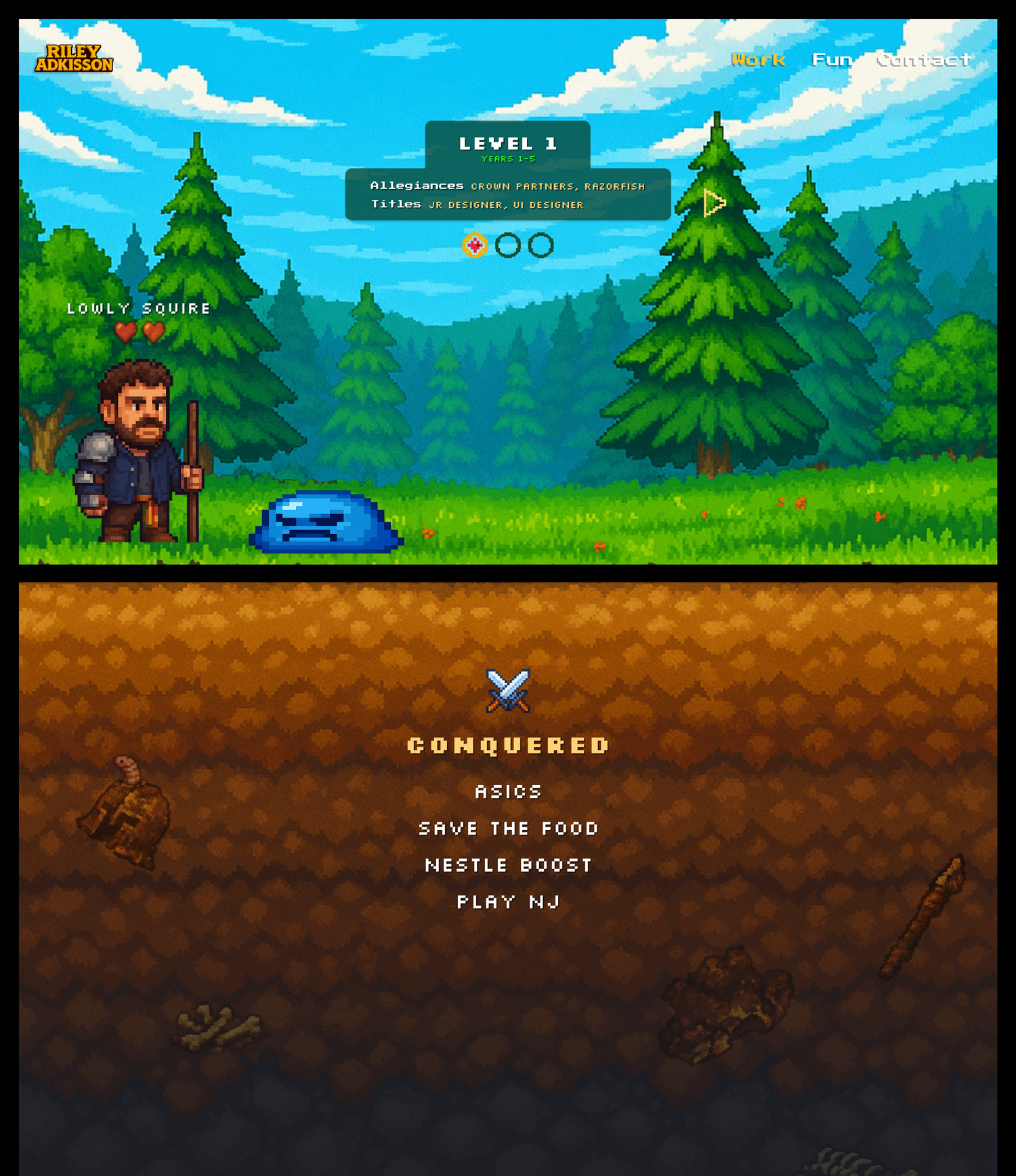 Pixel art game scene with a squire, trees, slime, and a list of conquered brands.