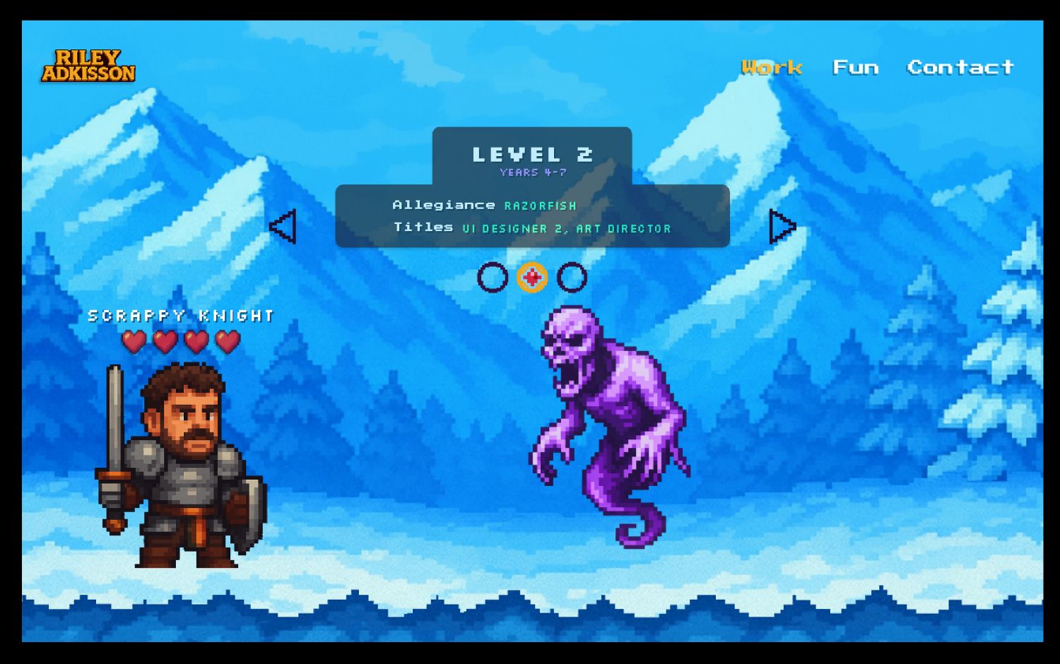Pixelated knight facing a purple monster in snowy mountains
