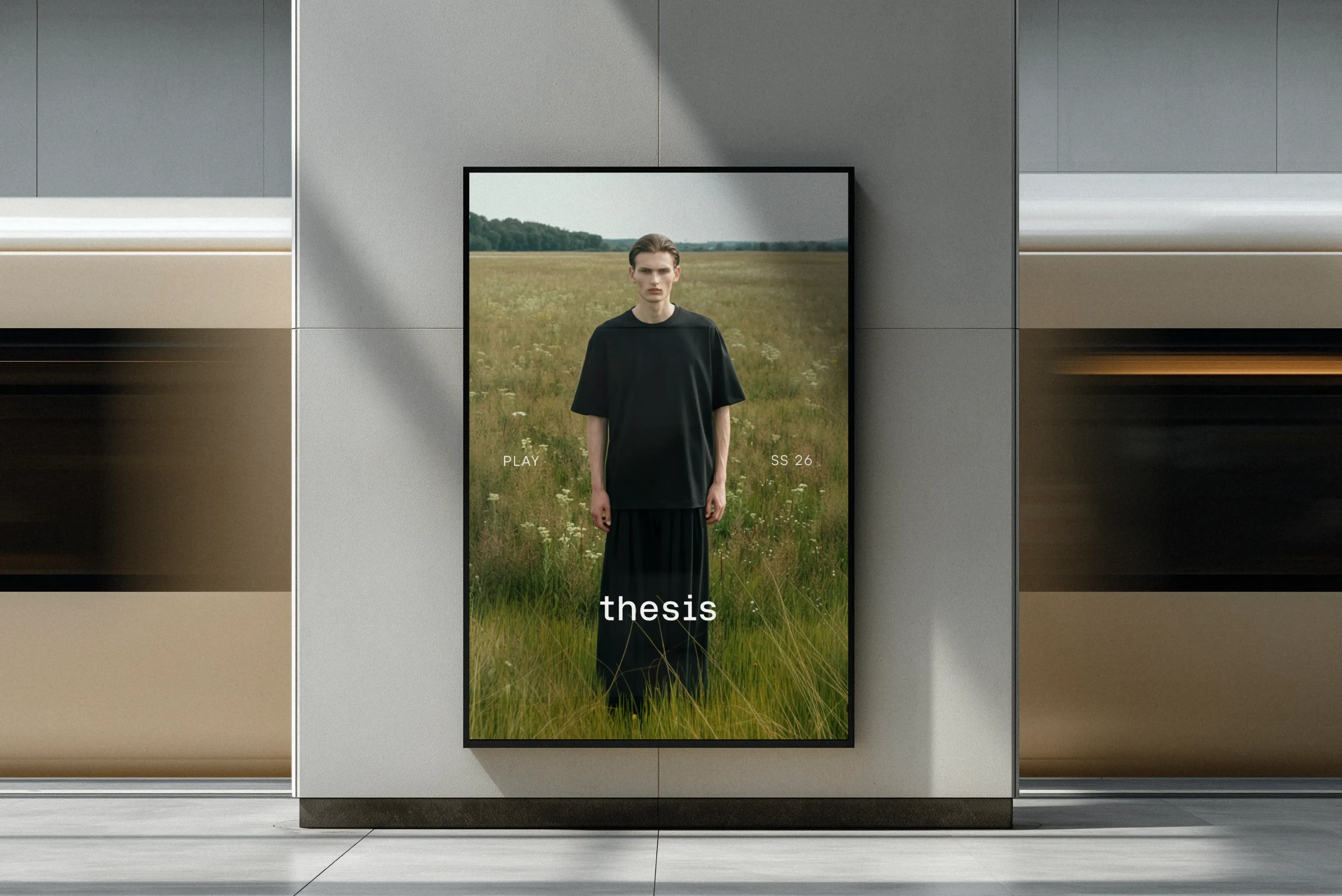 A fashion poster of a person in a field displayed on a wall near a moving train.