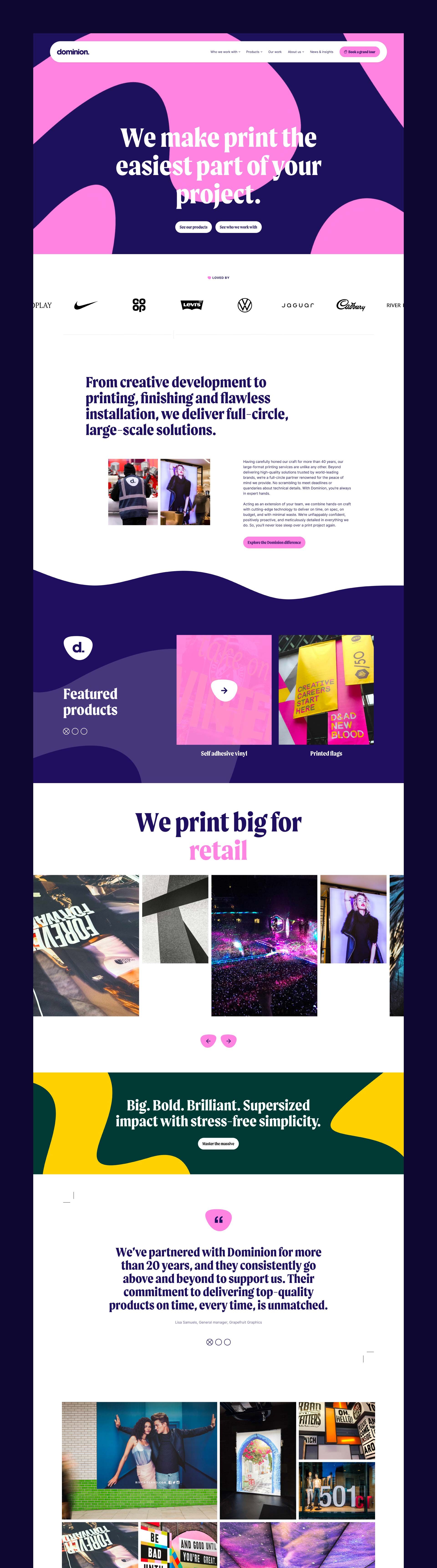 Website showcasing Dominion's print services and featured products for large-scale solutions.