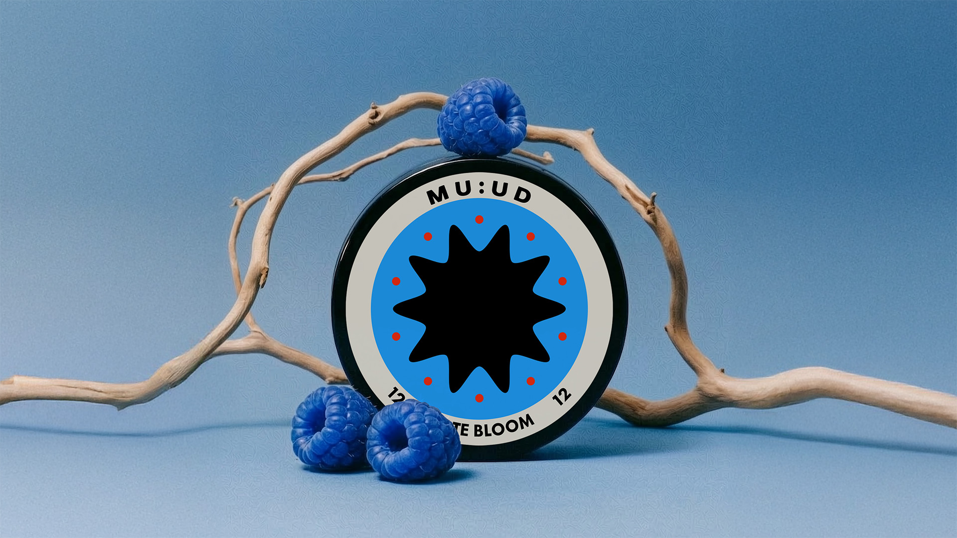 Circular black container with blue design, surrounded by branches and blue raspberries.